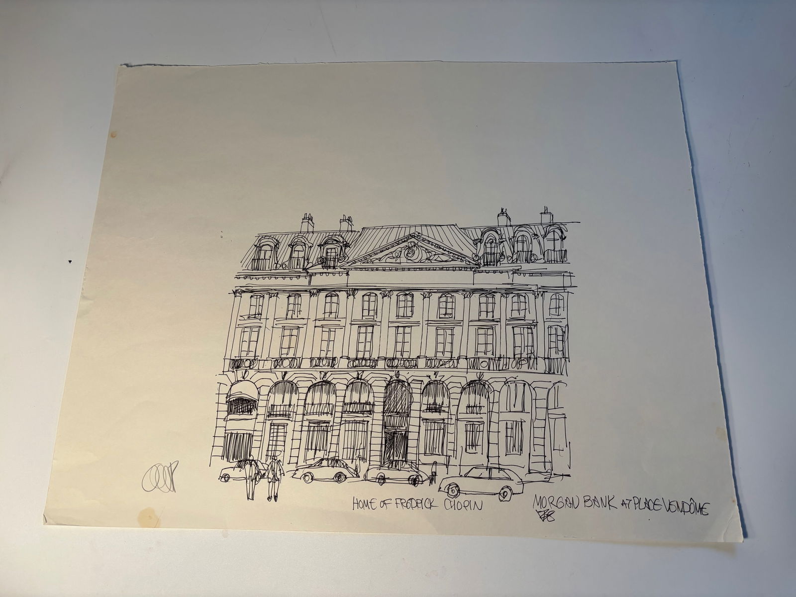 Pen-and-ink architectural Sketch " Home of Frédéric Chopin, Paris" signed by William Orlandorf: Morgan Bank at Place Vendôme" ; William Orlandorf (American, 1924-1996), was a lifelong Chicago resident and world recognized artist sketched and painted Chicago and the cities of Europe for over 30