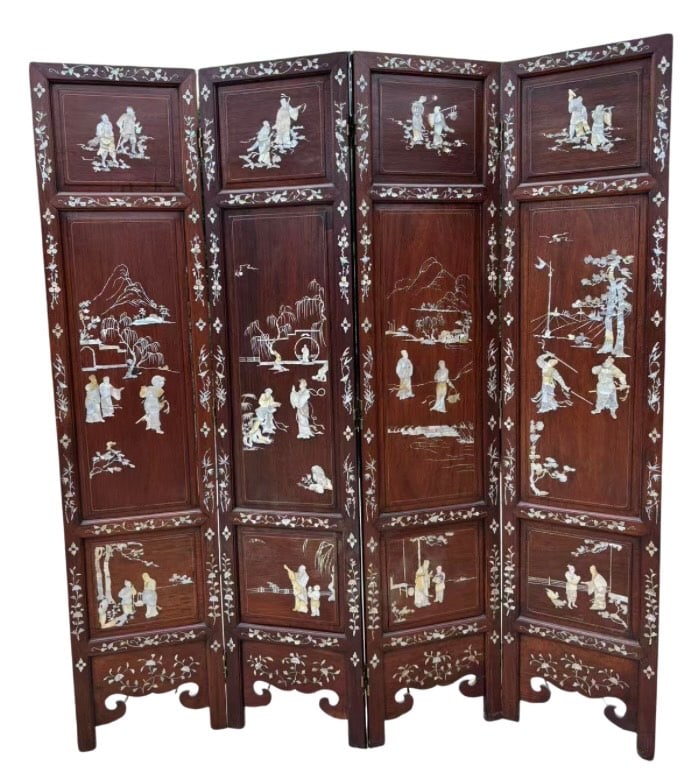 A Large Chinese Huanghuali/ rosewood Folding Screen with Mother-of-Pearl Inlay, 4 Panels: Qing Dynasty(1644-1912); An impressive Chinese folding screen, featuring four panels, each richly inlaid with mother-of-pearl decoration. The panels depict traditional figural scenes, landscapes, and