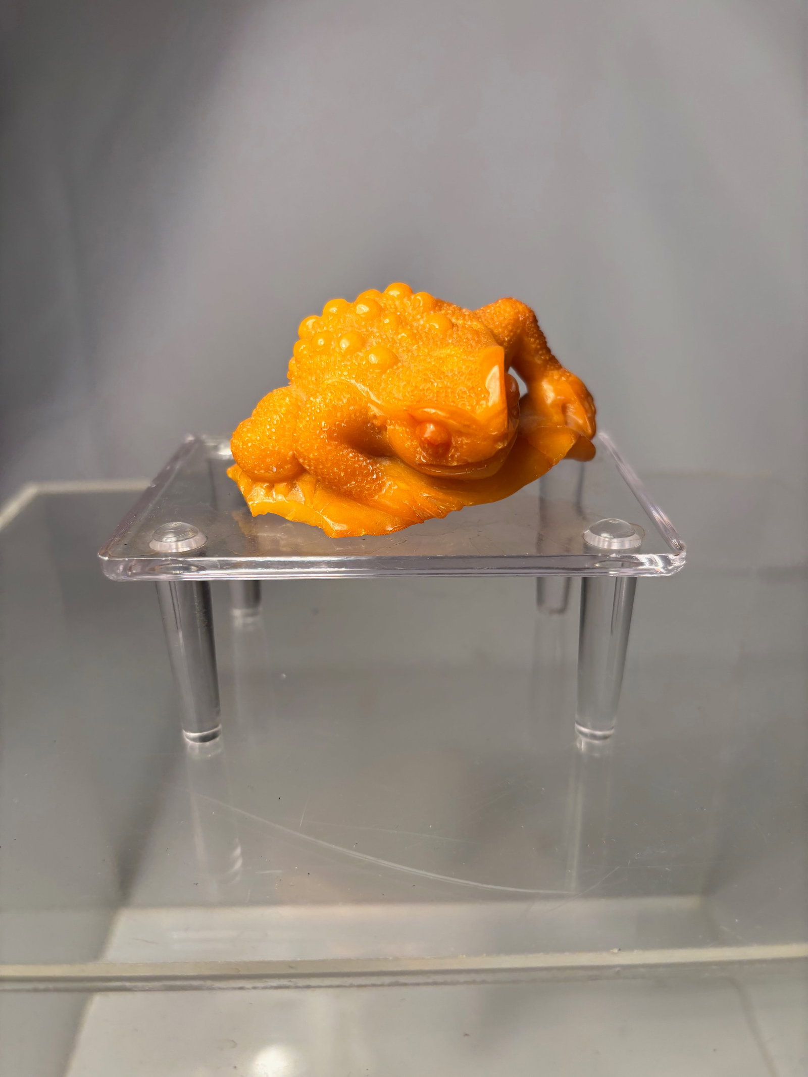 A Carved Butterscotch Amber Figure (Money Toad / Chan Chu): Carved butterscotch amber figure depicting a reclining three-legged money toad (Chan Chu), a traditional symbol of prosperity and good fortune. The amber displays a rich opaque yellow-orange coloratio