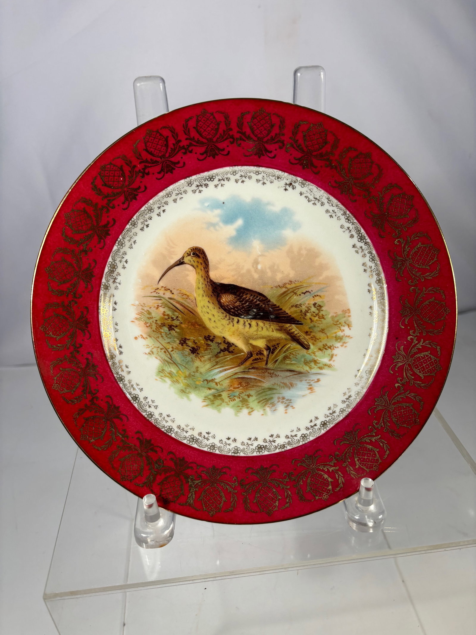 An Austrian Porcelain Cabinet Plate with Hand-Painted Game Bird: Austrian porcelain cabinet plate, late 19th to early 20th century, decorated with a finely hand-painted game bird within a landscape setting. The wide red ground border is richly embellished with gilt