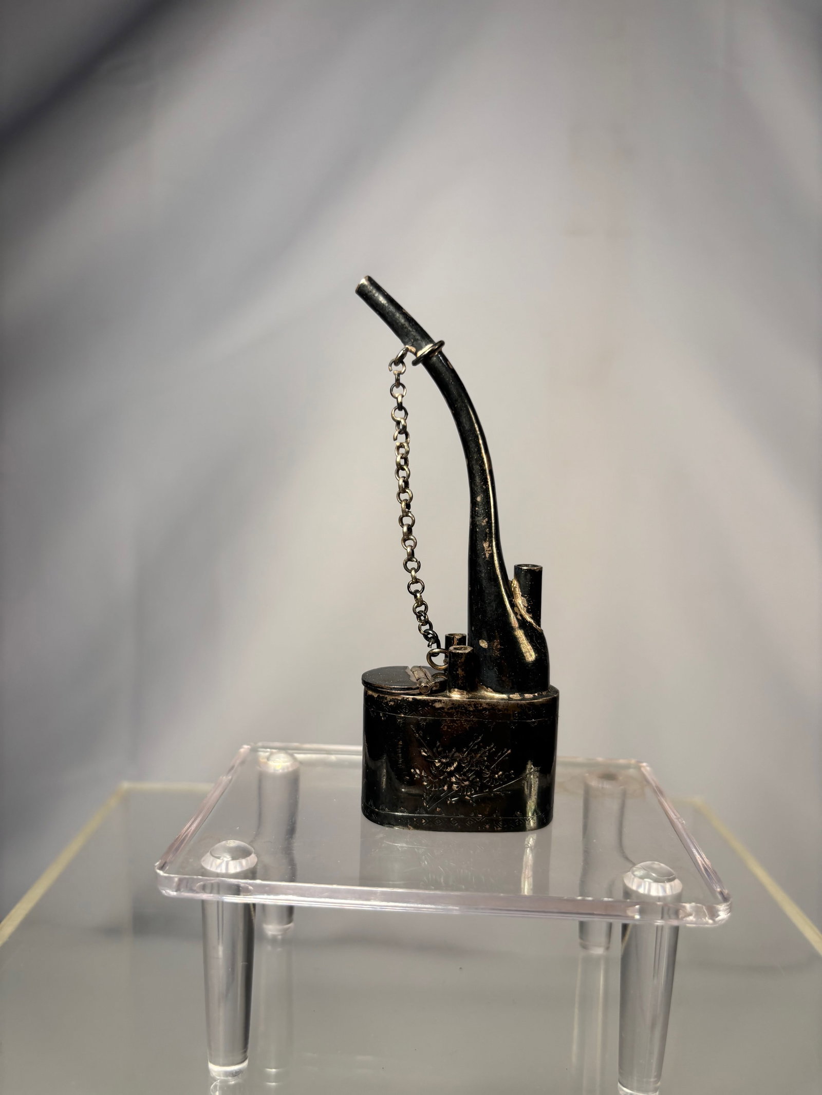 A Chinese Silver Metal Opium Pipe Bowl with Hinged Cover (1 of 12)