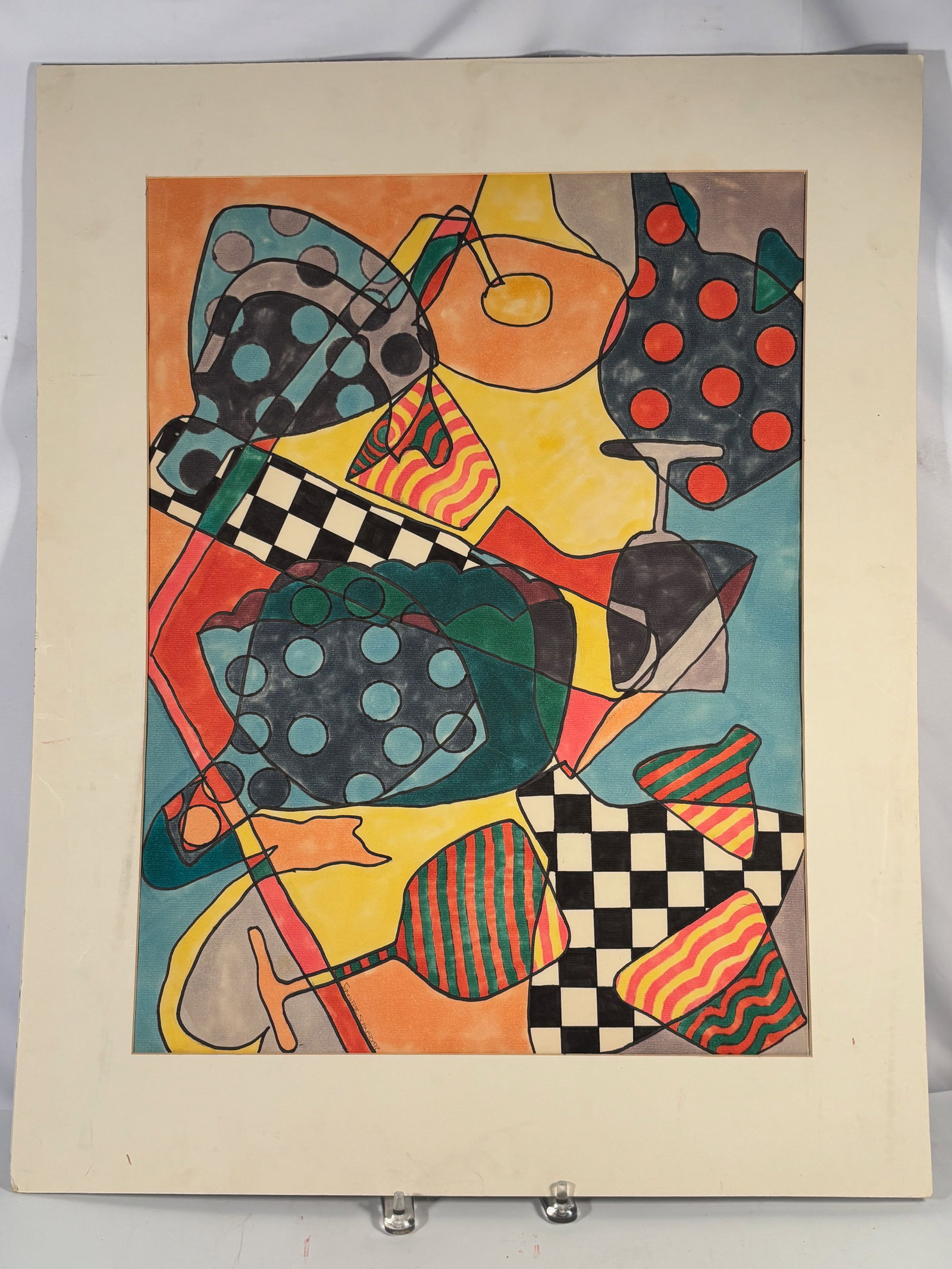 Jennifer Schneider Colorful Abstract Still Life Painting: Colorful modern abstract still-life composition featuring stylized forms including a wine glass, fruit shapes, and geometric patterned elements such as checkerboard and polka-dot motifs. Executed in v