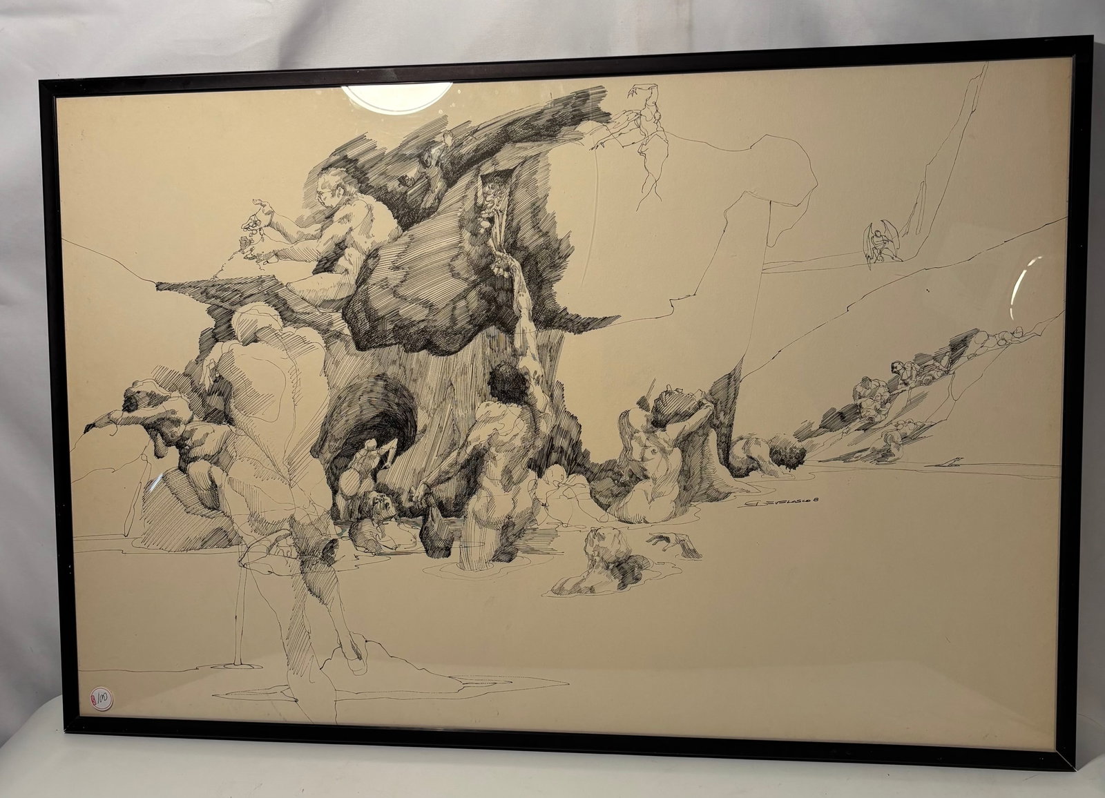 Joe E. DeVelasco (American, 1933–1999) Visionary Surreal Pen & Ink Drawing: An original surrealist pen and ink drawing by Joe E. DeVelasco (American, 1933–1999), the Chicago artist known for visionary and symbolic imagery. The composition presents a dramatic biomorphic rock