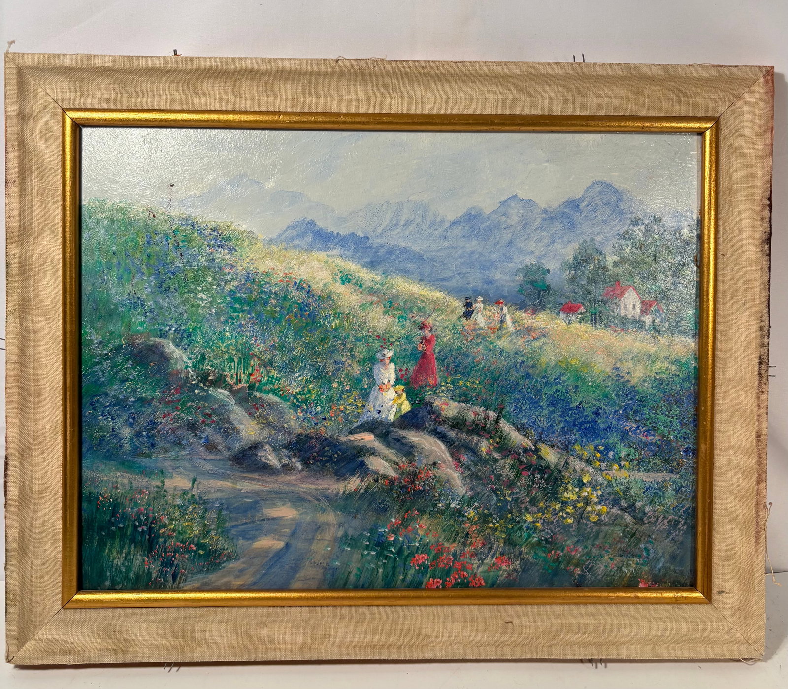 Judy O’Brien Galatha (American, North Carolina) “Girls on the Hill: An original acrylic painting on gessoed Masonite by Judy O’Brien Galatha of Charlotte, North Carolina, titled “Girls on the Hill.” The composition depicts elegantly dressed female figures wa