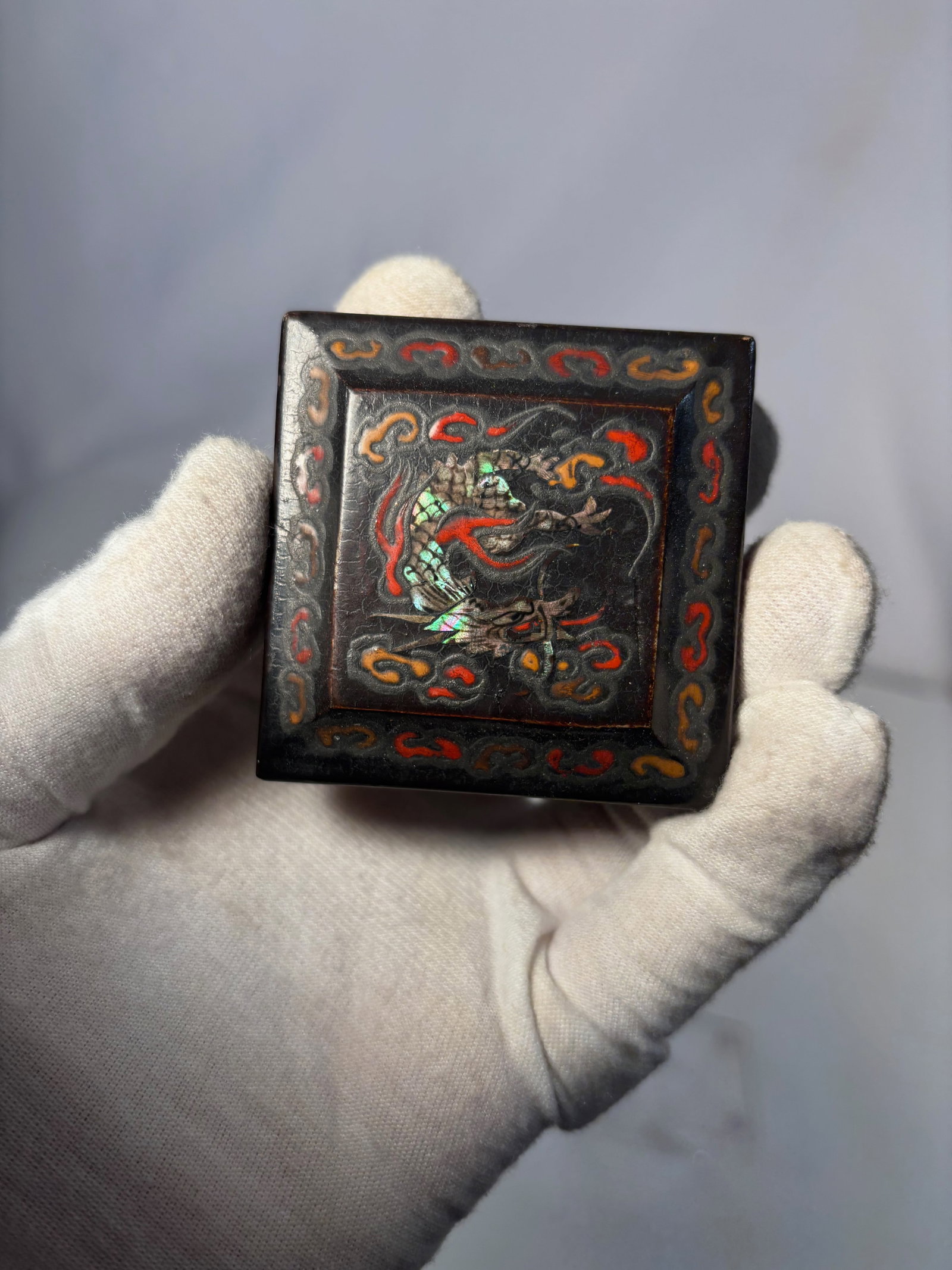 A Chinese Black Lacquer Square Box with Mother-of-Pearl Dragon, Probably Ming Dynasty (1 of 11)