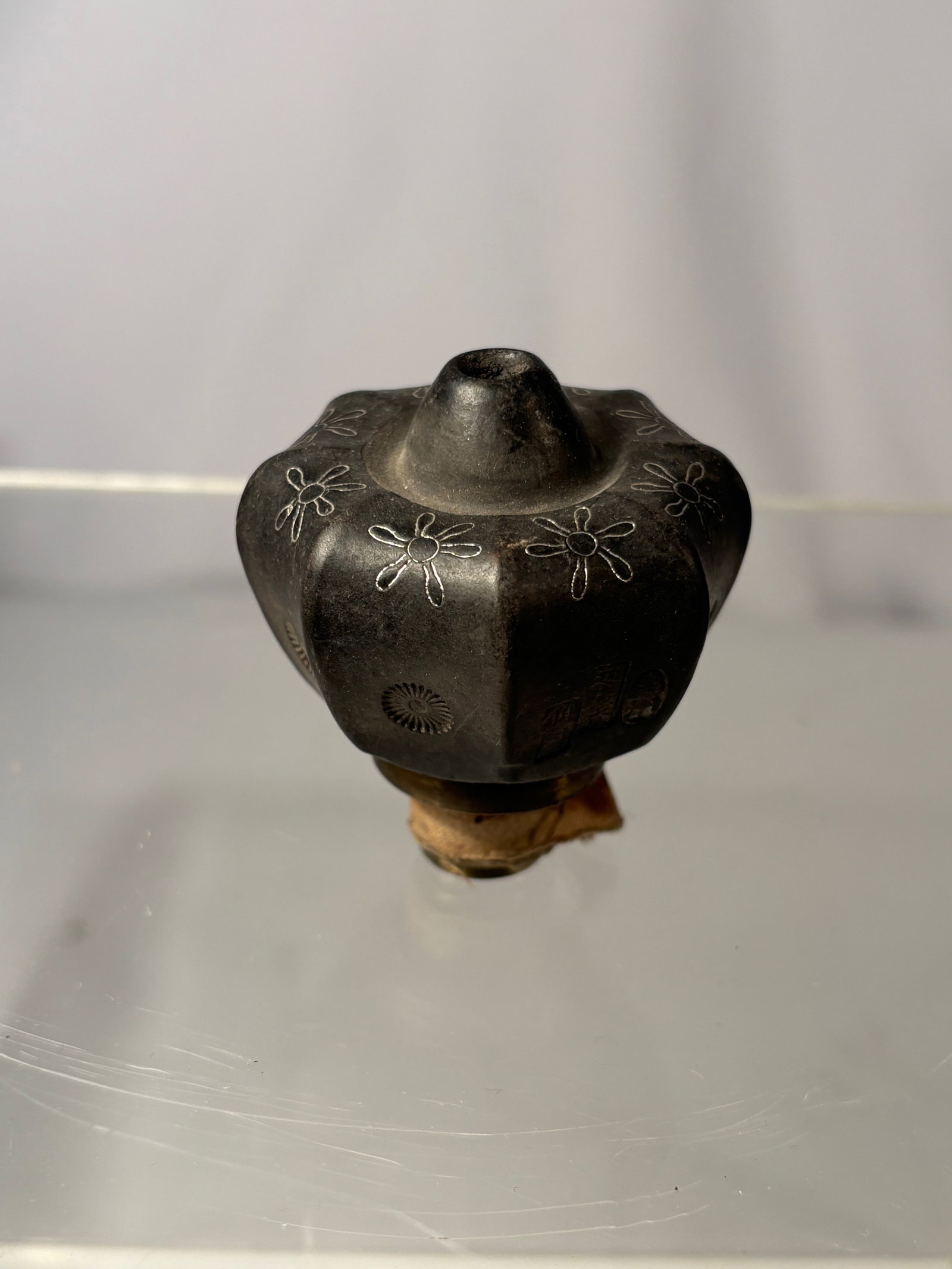 A Chinese Yixing Pottery Opium Pipe Bowl with Silver Inlay, Bronze Collar, and Maker’s Mark (1 of 12)