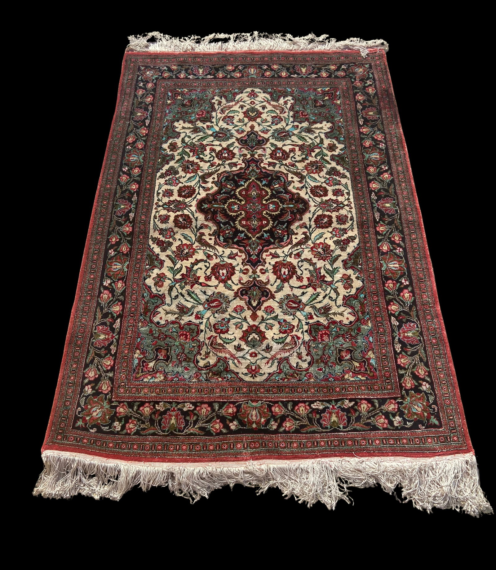 Fine Persian Silk Rug, Qom/Isfahan Style Floral Medallion, Ivory Field (1 of 1)