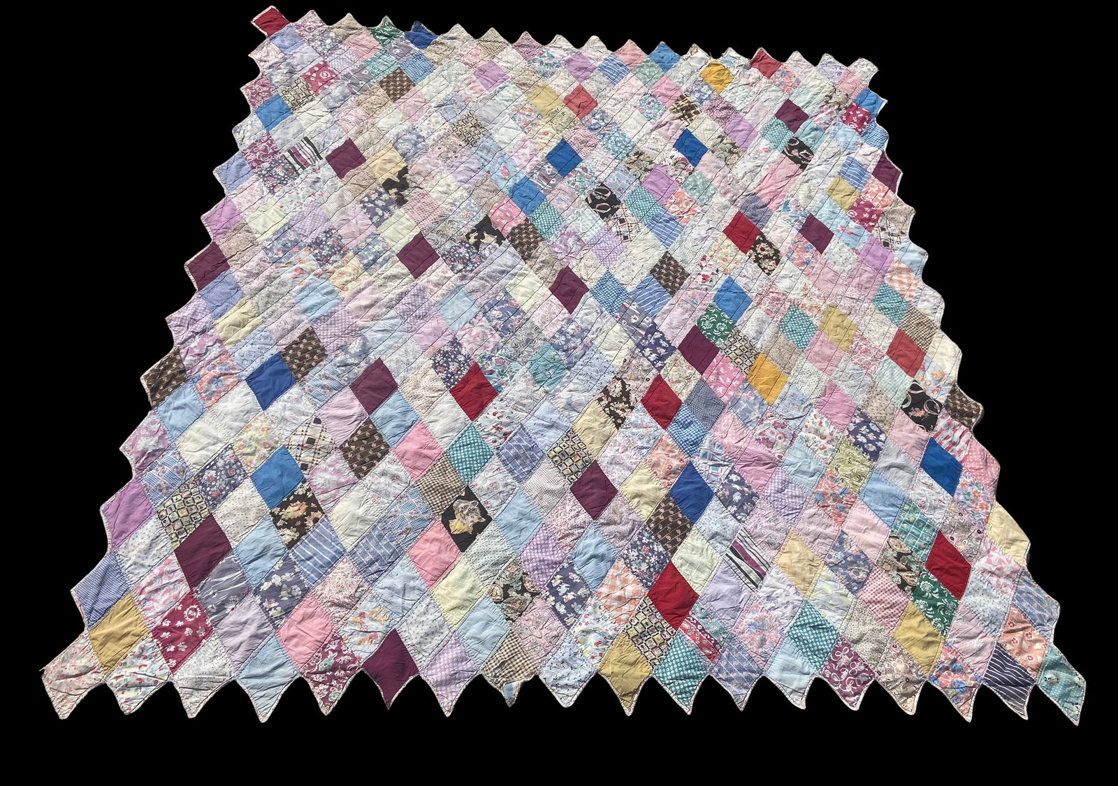 Vintage Handmade Patchwork Quilt, Diagonal Strip Scrap Cotton w/ Scalloped Edge (1 of 10)