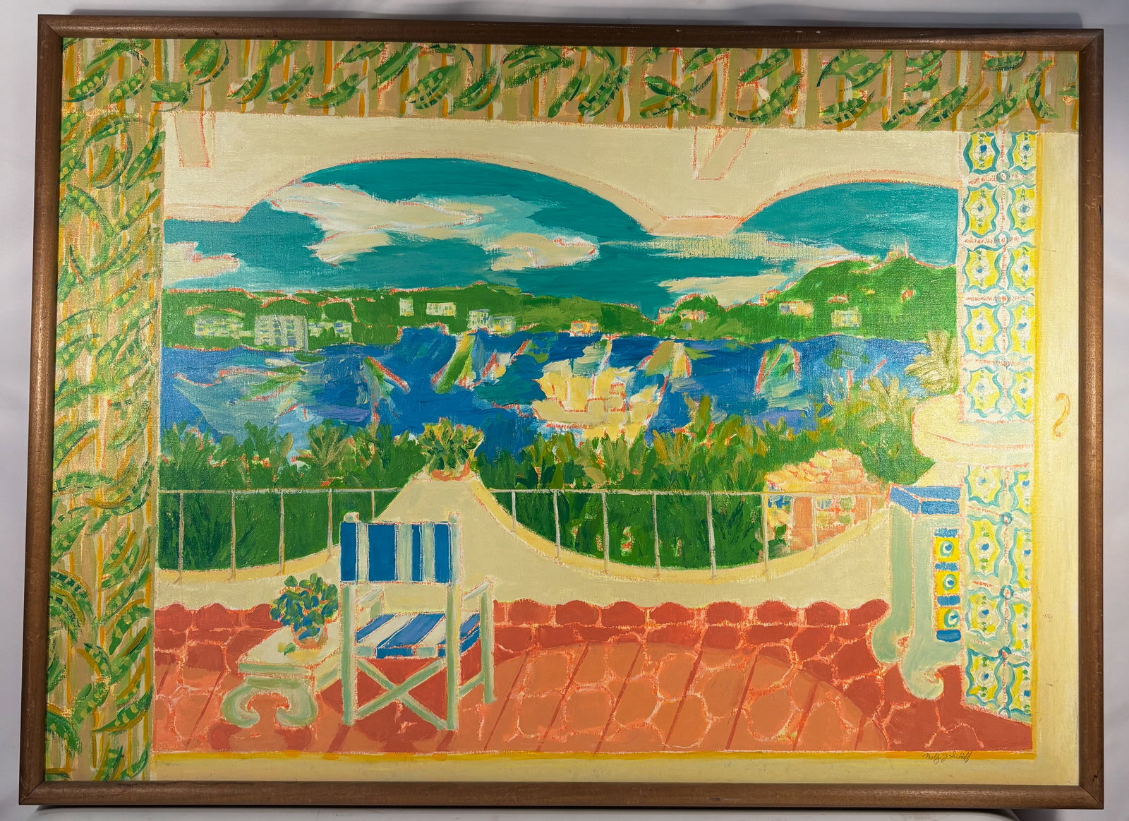 Molly J. Schiff (1927–2018, Chicago), Acapulco Balcony View, oil on canvas,signed and titled on: A luminous coastal landscape viewed from a tiled balcony overlooking Acapulco Bay. Schiff fills the composition with rhythmic, stylized foliage, patterned architectural elements, and vibrant blue wate