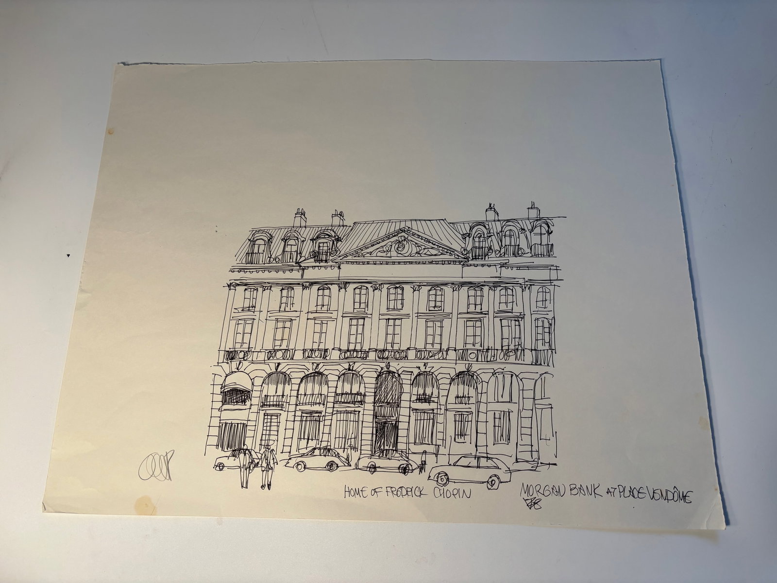 Pen-and-ink architectural Sketch " Home of Frédéric Chopin, Paris" signed by William Orlandorf: Morgan Bank at Place Vendôme" ; William Orlandorf (American, 1924-1996), was a lifelong Chicago resident and world recognized artist sketched and painted Chicago and the cities of Europe for over 30
