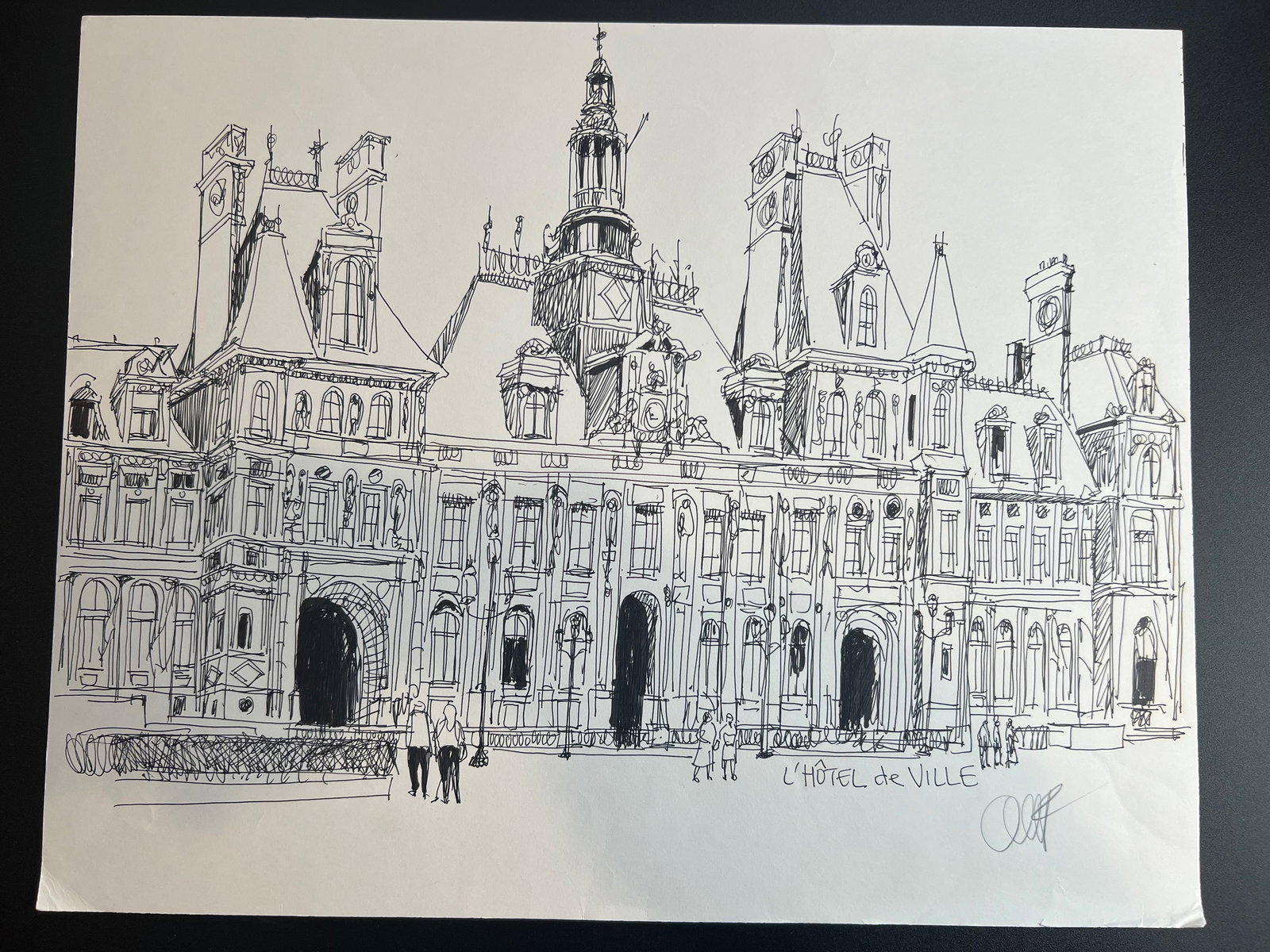 Pen-and-ink architectural Sketch “L’Hôtel de Ville in Paris " signed by William Orlandorf: William Orlandorf (American, 1924-1996), was a lifelong Chicago resident and world recognized artist sketched and painted Chicago and the cities of Europe for over 30 years. Bill's style is neo-impres