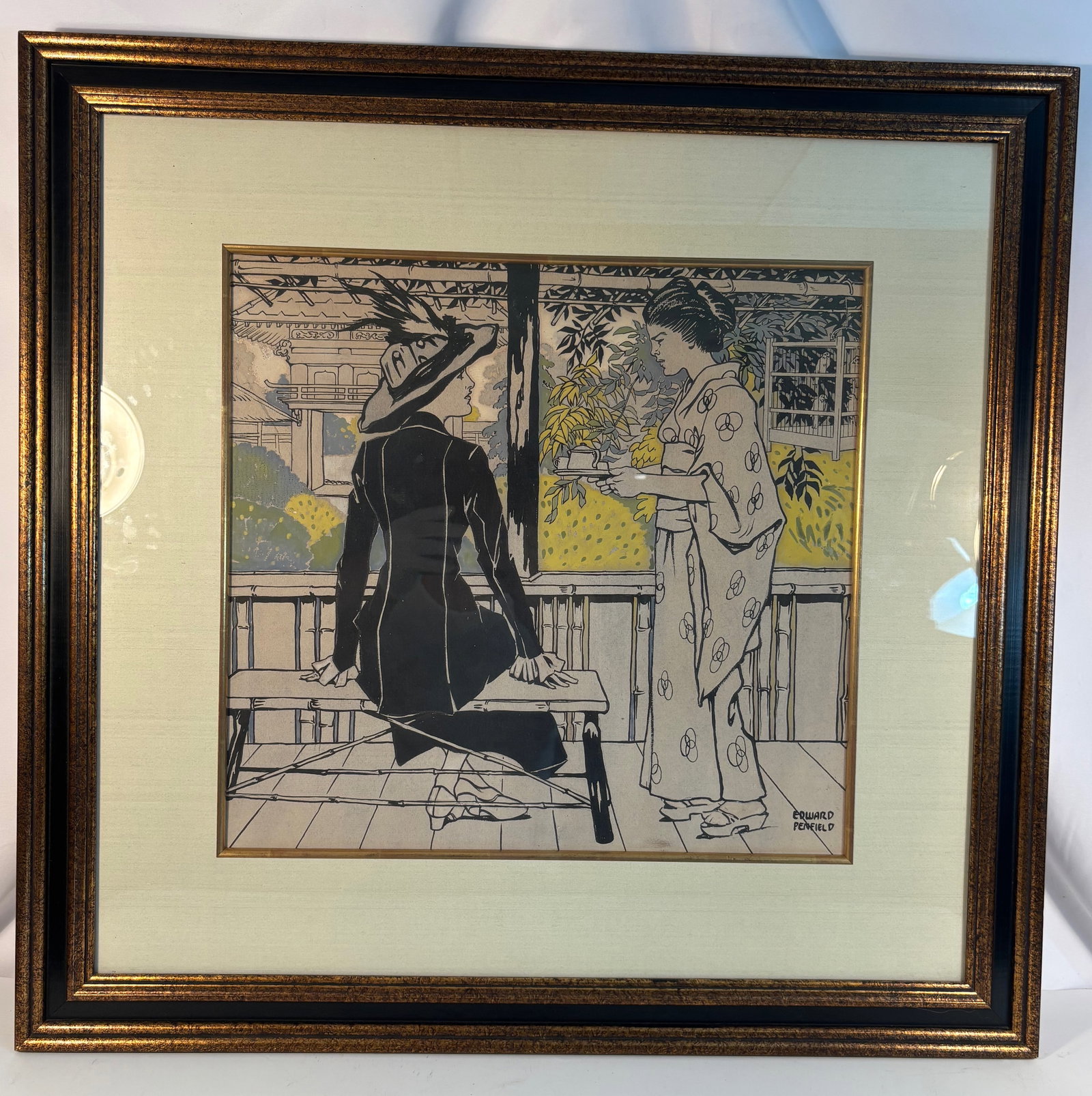Edward Penfield (American, 1866–1925) ,Japanese Tea Garden, Original color lithograph, signed in: This original lithograph by Edward Penfield, one of America’s foremost illustrators and poster artists, depicts two elegantly dressed women in a serene Japanese-style pavilion overlooking a garden.