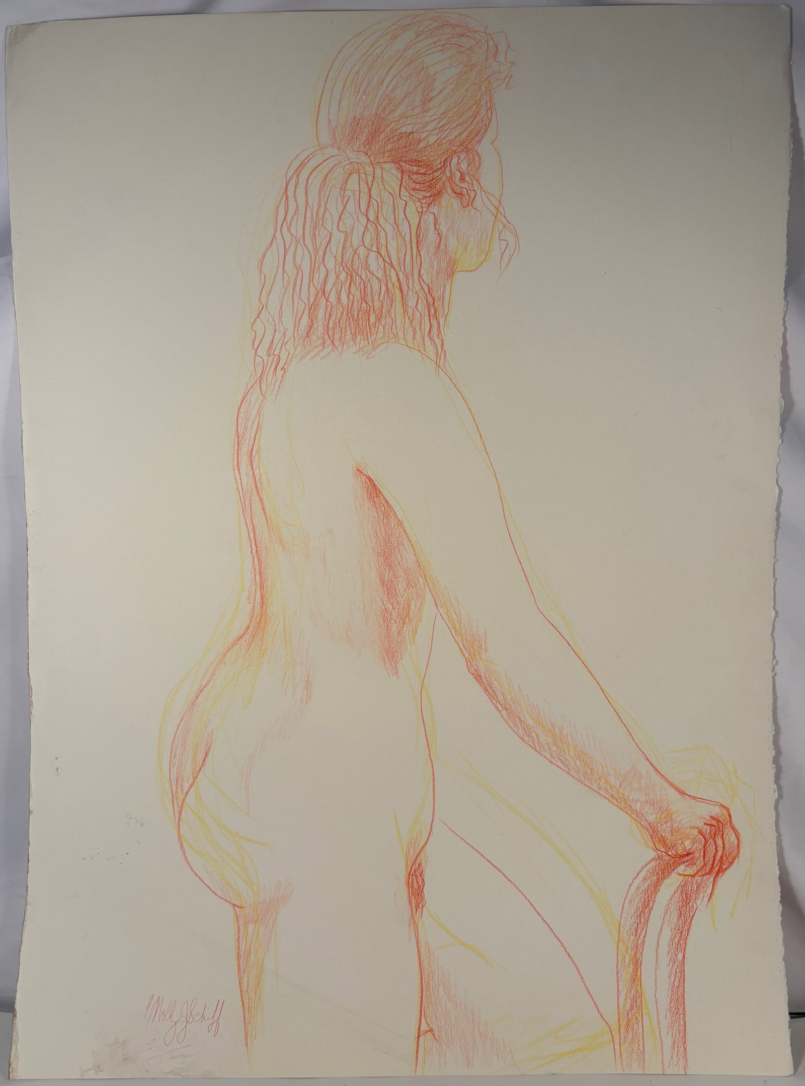Molly J. Schiff (1927–2018), Seated Female Nude (Figure Study): Colored pencil and pastel figure study on paper depicting a seated female nude in profile. Executed with fluid, expressive line work and layered red, orange, and yellow tones, the drawing emphasizes f