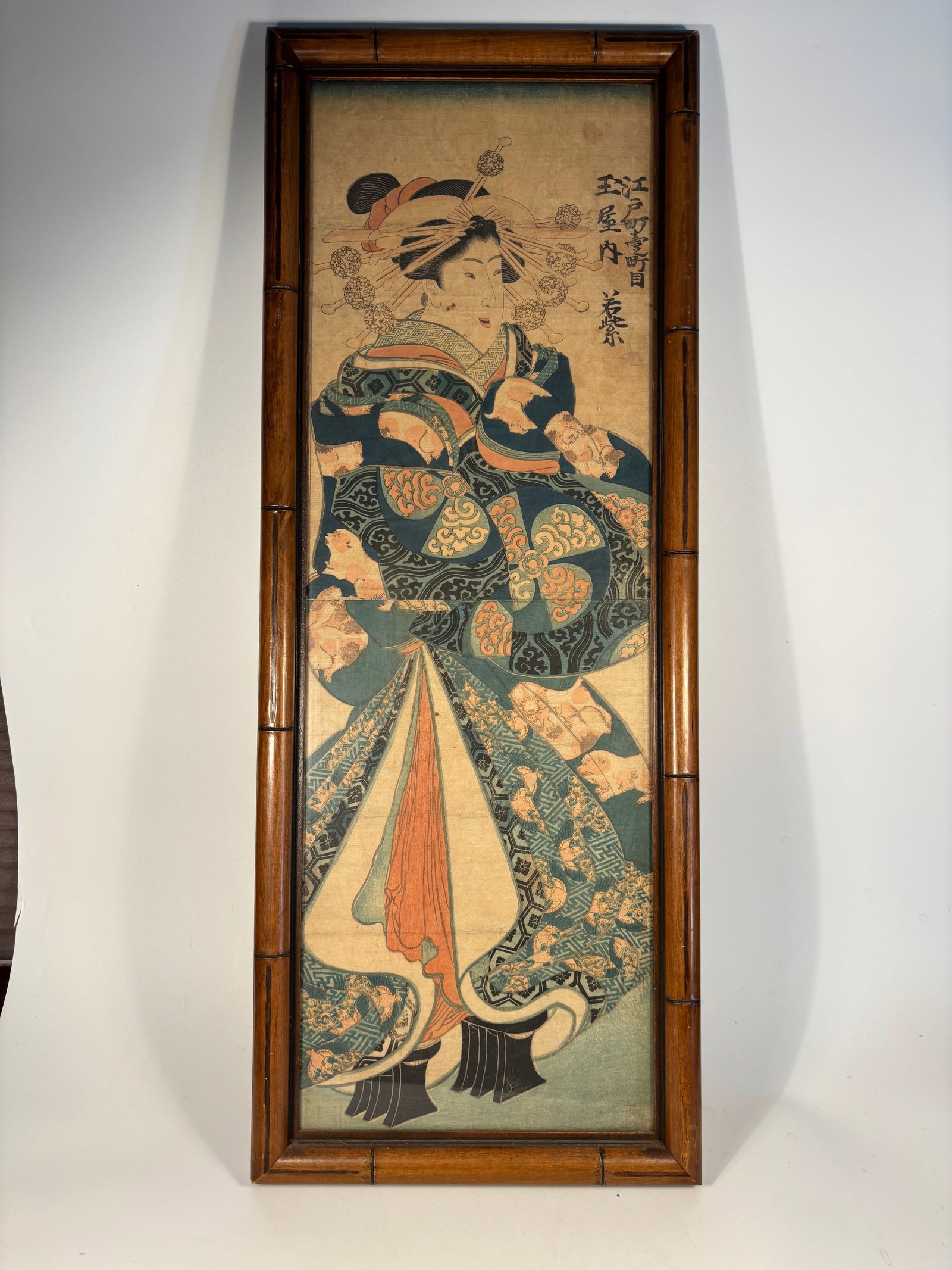 A Japanese Woodblock Print – Wakamurasaki (??) from The Tale of Genji: Mid-19th century, likely 1840s–1850s; This woodblock print depicts Wakamurasaki (??), a beloved character from The Tale of Genji, one of Japan’s most revered literary classics. Dressed in ornate r