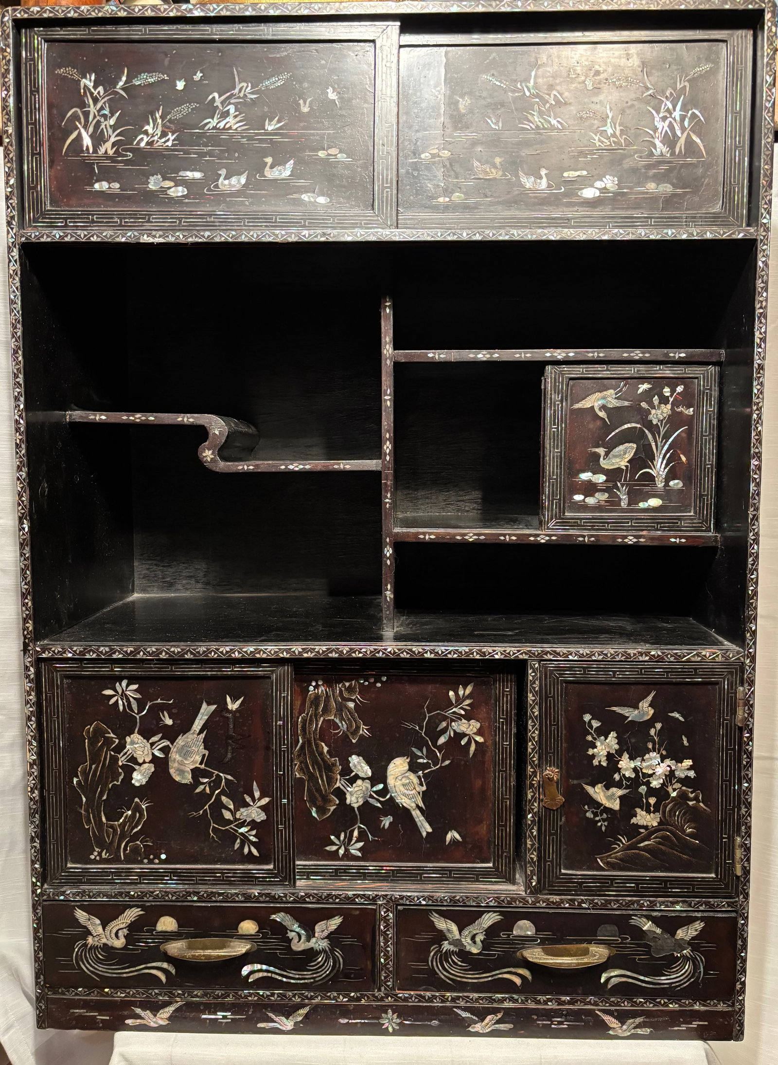 A Large Asian Black Lacquer Mother-of-Pearl Inlaid Display Cabinet, 40 in. (1 of 9)