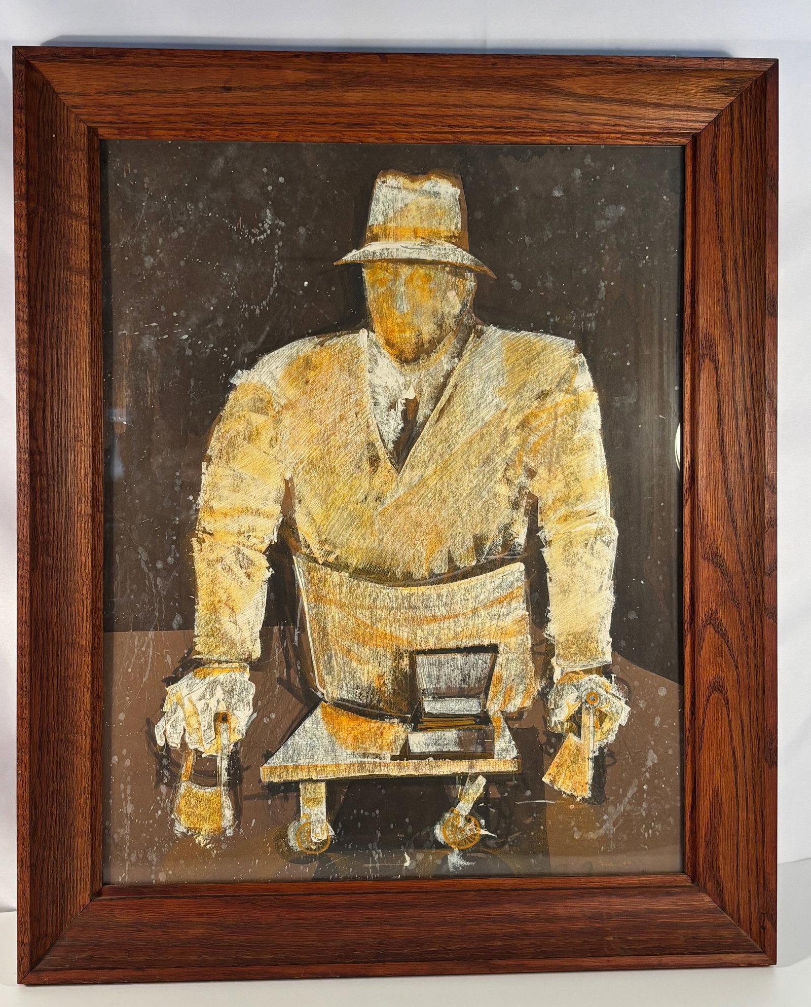 Franz Altschuler (German/American, 1923–2009) Man in Suit and Hat at Desk, 1962: Oil on board, depicting a stylized figure in a fedora and suit, leaning forward over a desk with hands resting on its surface, rendered in a minimalist palette of yellow, white, and ochre against a da