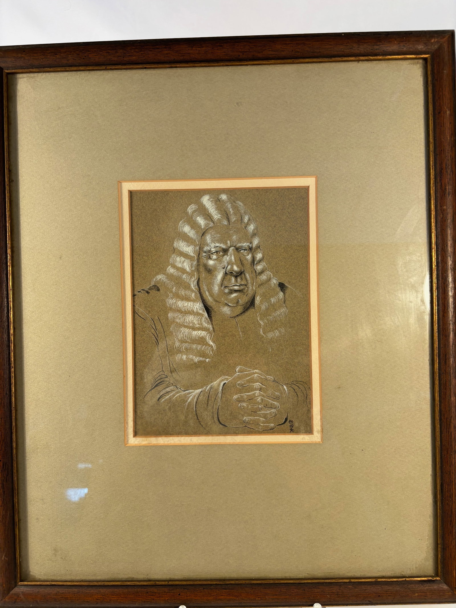 British School, 20th Century — Judge in Full Wig, Signed Monogram “HL?? and Dated 1970: Ink and white chalk on toned paper, a finely executed portrait of a stern-faced judge seated with hands clasped, wearing a full curled judicial wig and robe. Signed with the artist’s monogram HL wit
