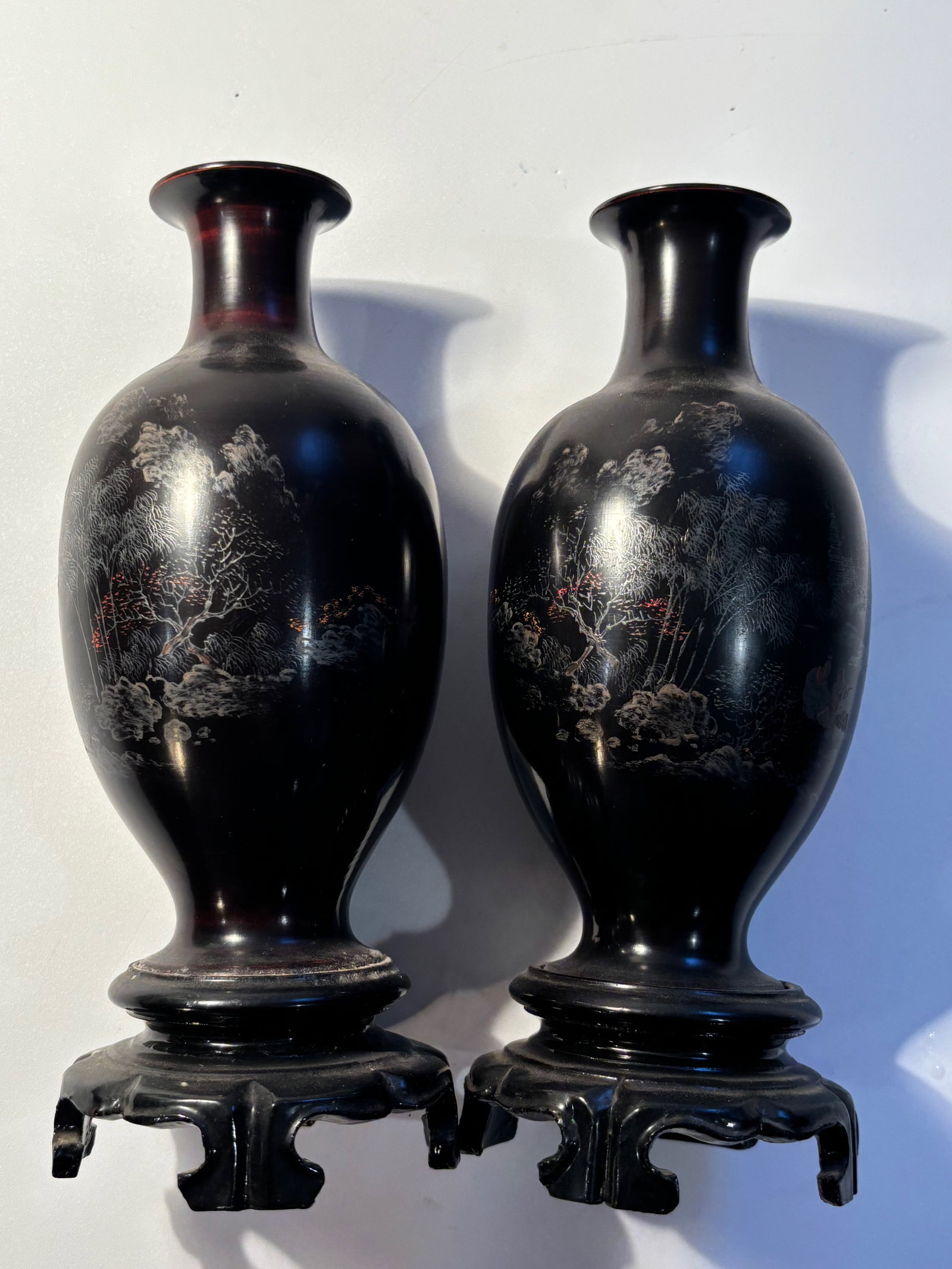 A pair of Chinese hand painted lacquer vases with " FOOCHOW CHINA" mark: Qing dynasty (1644-1912), Dimensions?Height: 8 inches.