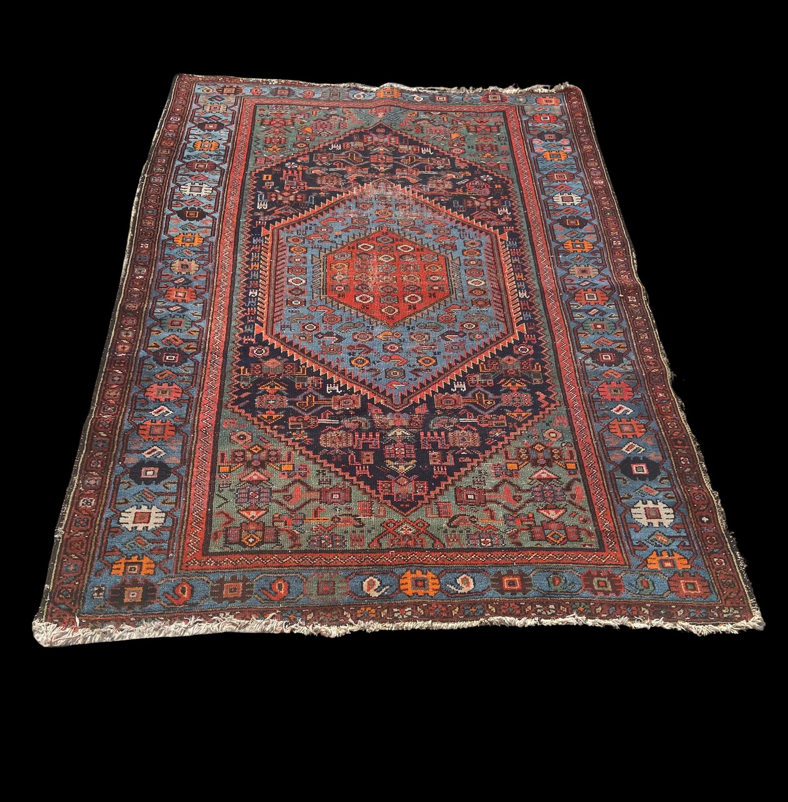 Antique Persian hand-knotted Village Rug, Hamadan Kurdish w/ Hariz-Type Medallion (1 of 1)