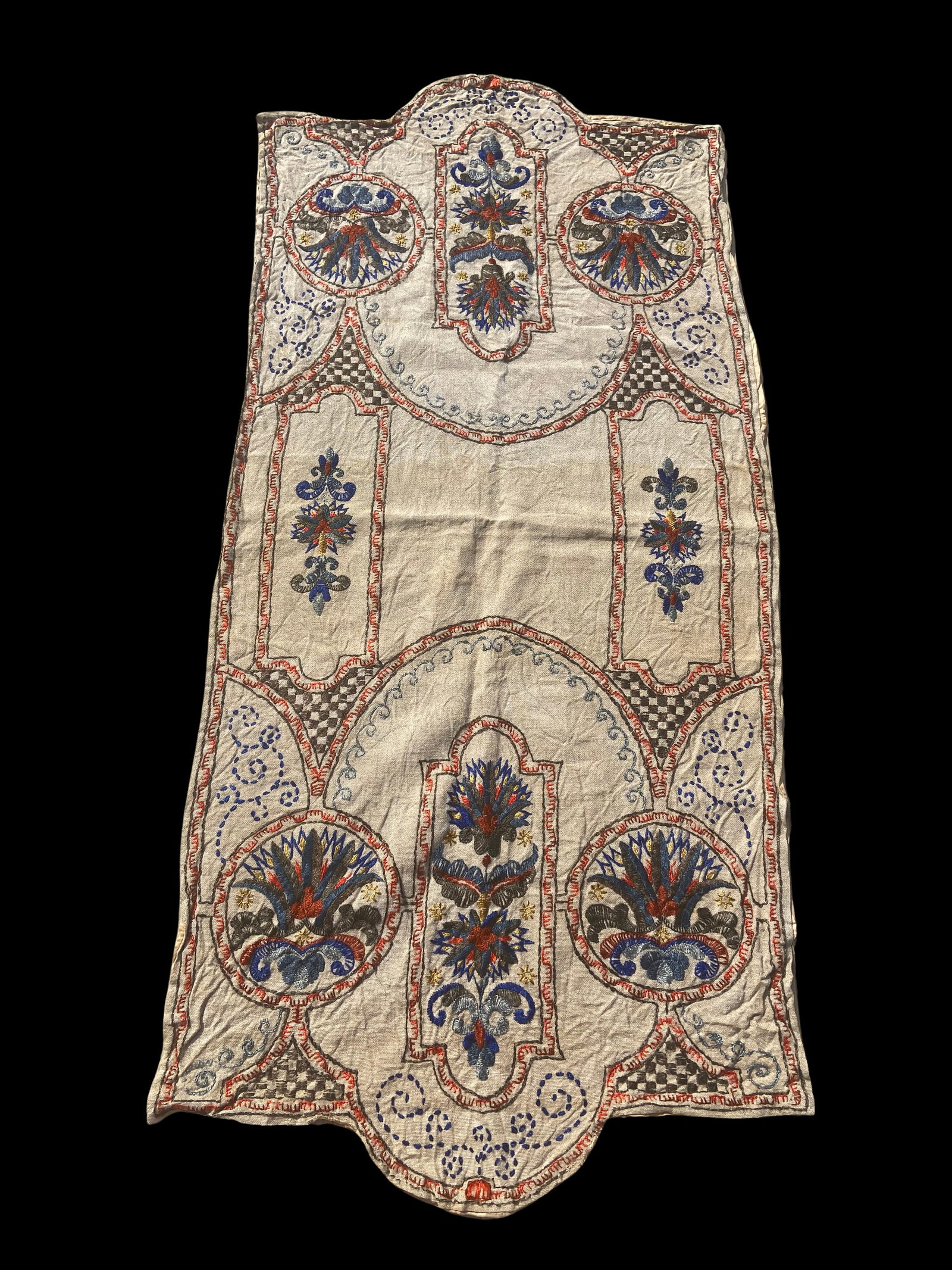 Antique Ottoman Turkish Embroidered Bohça Textile, Silk on Linen: An antique Ottoman Turkish embroidered textile, likely a traditional bohça (ceremonial wrapping cloth), executed in silk thread on a linen or cotton ground. The piece features a symmetrical compositi