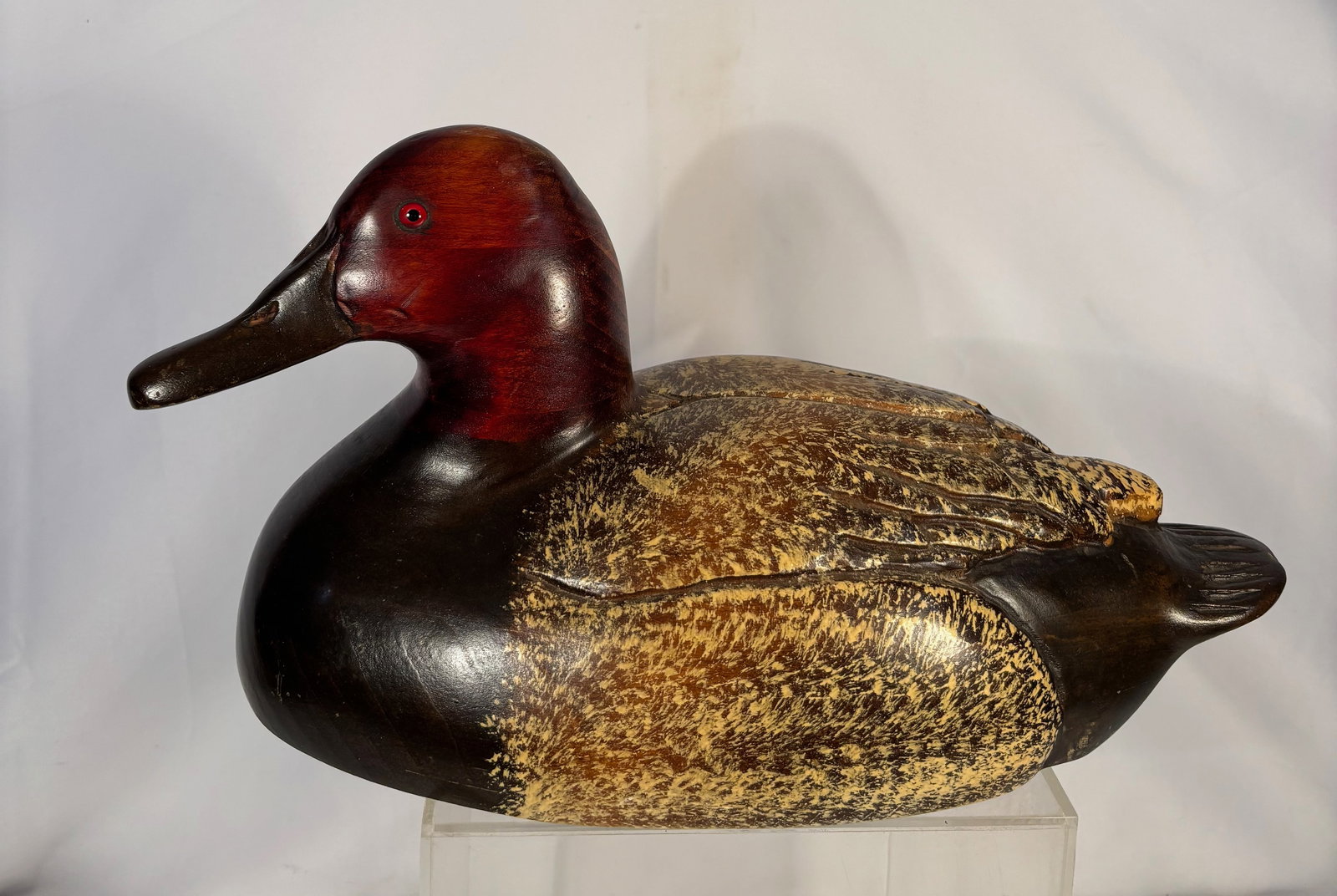Signed Leo Koppy Hand-Carved Wooden Redhead Drake Duck Decoy (1 of 10)