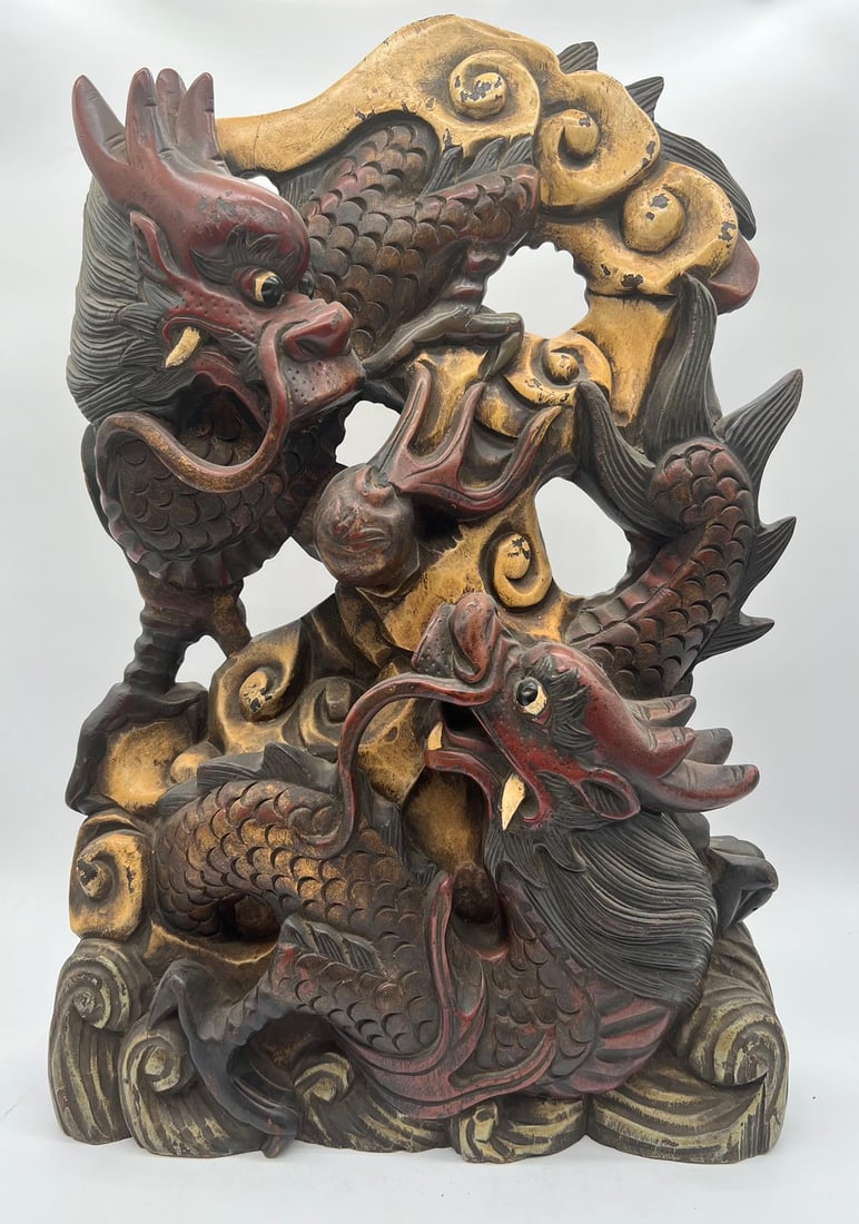 A large Chinese hand carved gilt dragon wood statue (1 of 13)