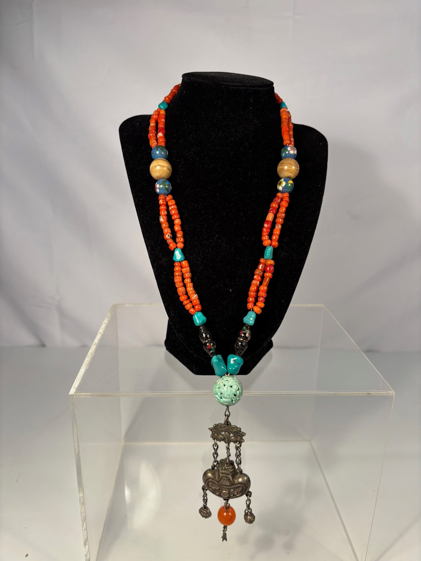 Chinese Coral Necklace with Carved Turquoise Bead and Silver Longevity Lock Pendant (1 of 9)