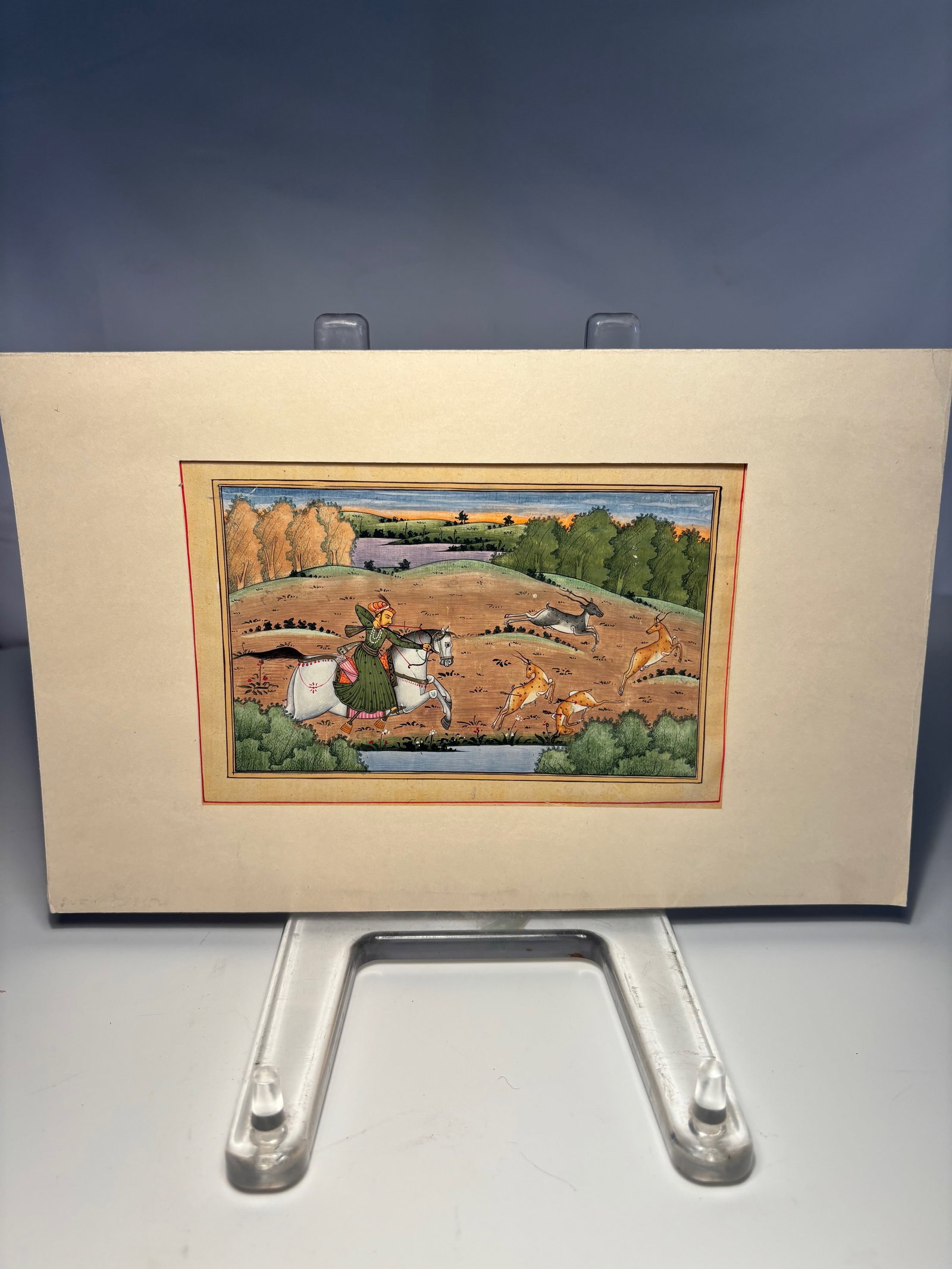 Indian Gouache Miniature, Hunting Scene, Rajasthan or Mughal Style, 19th (1 of 6)