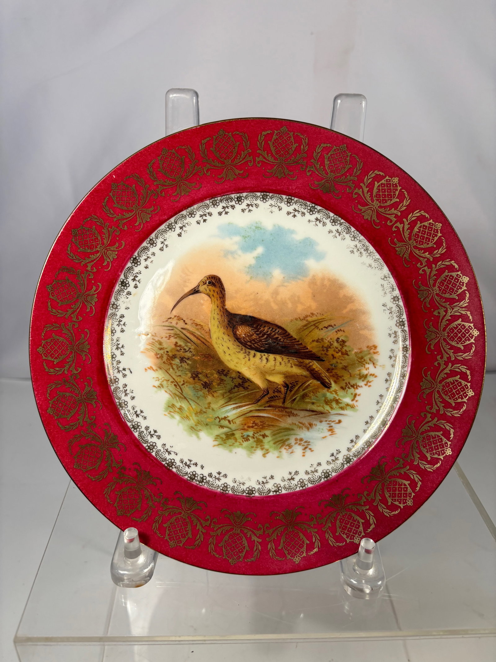 An Austrian Porcelain Cabinet Plate with Hand-Painted Game Bird: Austrian porcelain cabinet plate, late 19th to early 20th century, decorated with a finely hand-painted game bird within a landscape setting. The wide red ground border is richly embellished with gilt