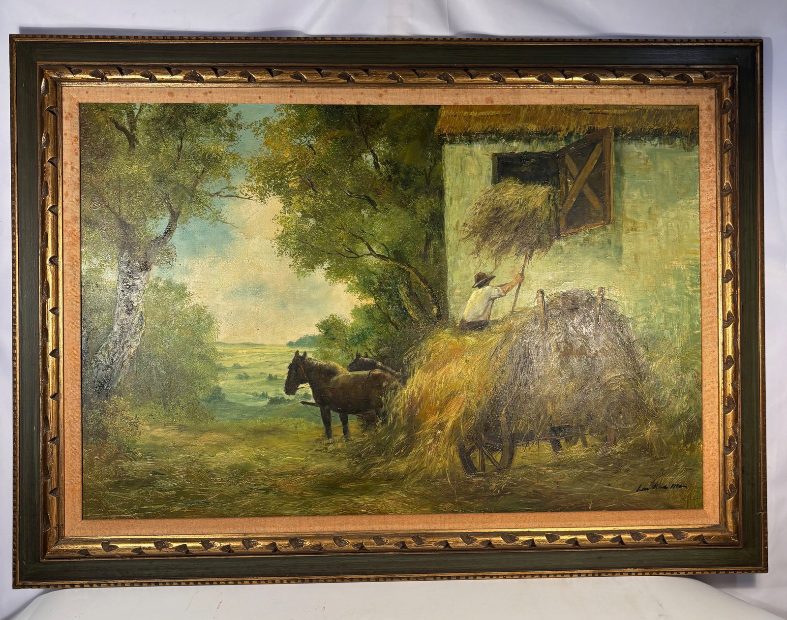 A Large.European or Continental School, Oil on Canvas Rural Farm Scene, Signed: Early-mid 20th century, Oil on canvas depicting a rural farm scene with a farmer unloading hay from a loft, accompanied by a horse and wagon in a pastoral landscape. Rendered in a loose, impressionist