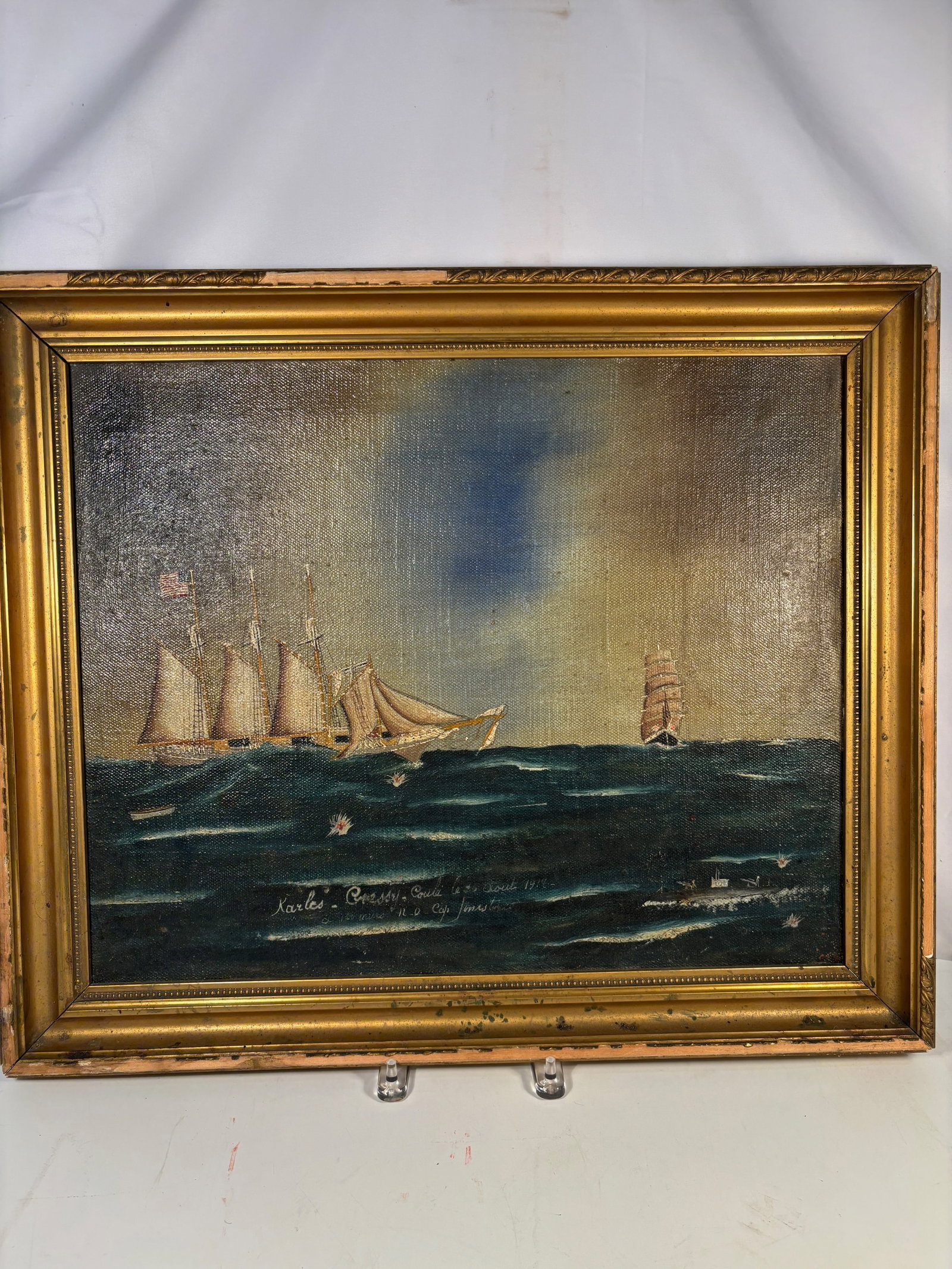 Attributed to Charles Cressy Cooke (American, 1860–1940), Marine Scene with Schooners: Oil on canvas depicting a marine scene with multiple schooners navigating rolling seas beneath an atmospheric sky. The composition features finely rendered rigging, billowing sails, and stylized wave 