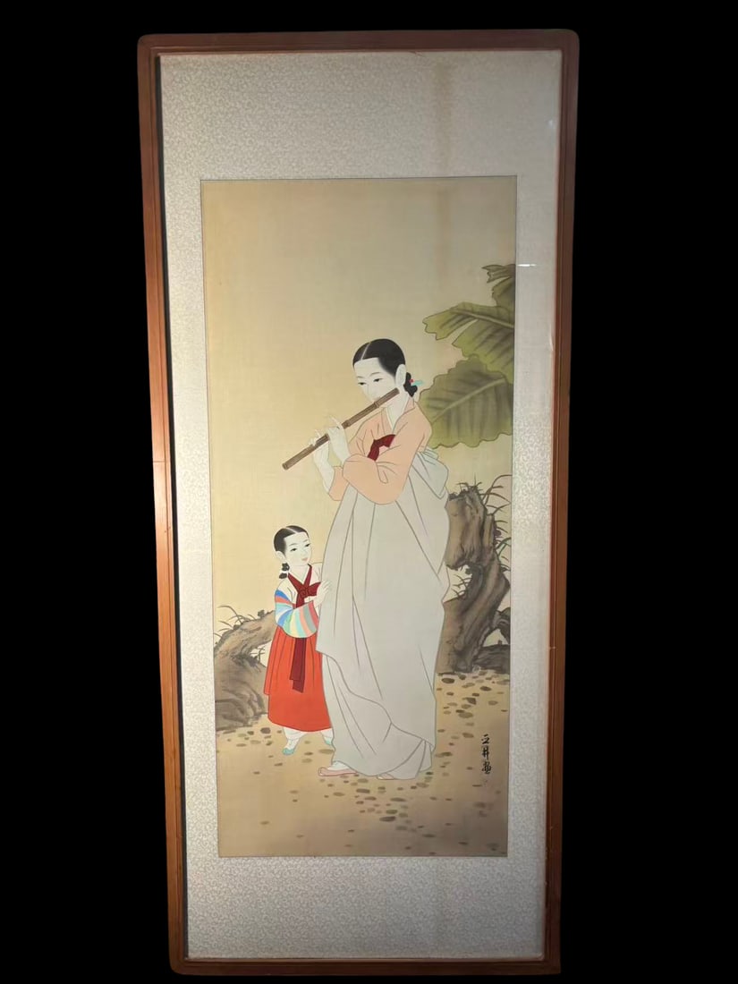 A Korean Genre Painting of Lady Playing Flute with Child, signed Jeong Jeong (?? ), framed panel: A framed Korean hand-painted genre figure painting depicting an elegant lady in traditional hanbok playing a bamboo flute, accompanied by a young child attendant.The composition reflects the refined c