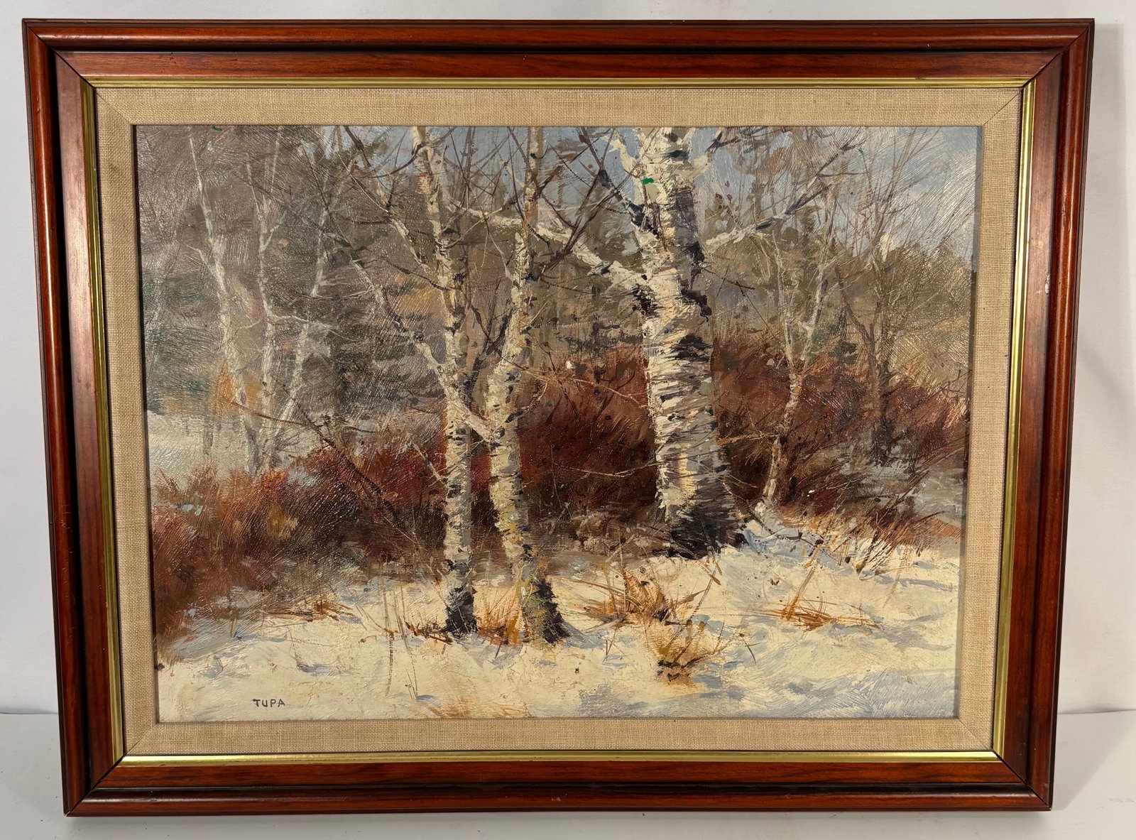 John Jerome Tupa (1928–2004) Winter Birch Landscape Oil Painting: An original oil painting by John Jerome Tupa (American, 1928–2004), depicting a serene winter woodland with white birch trees rising from a snow-covered foreground. Executed in Tupa’s characterist