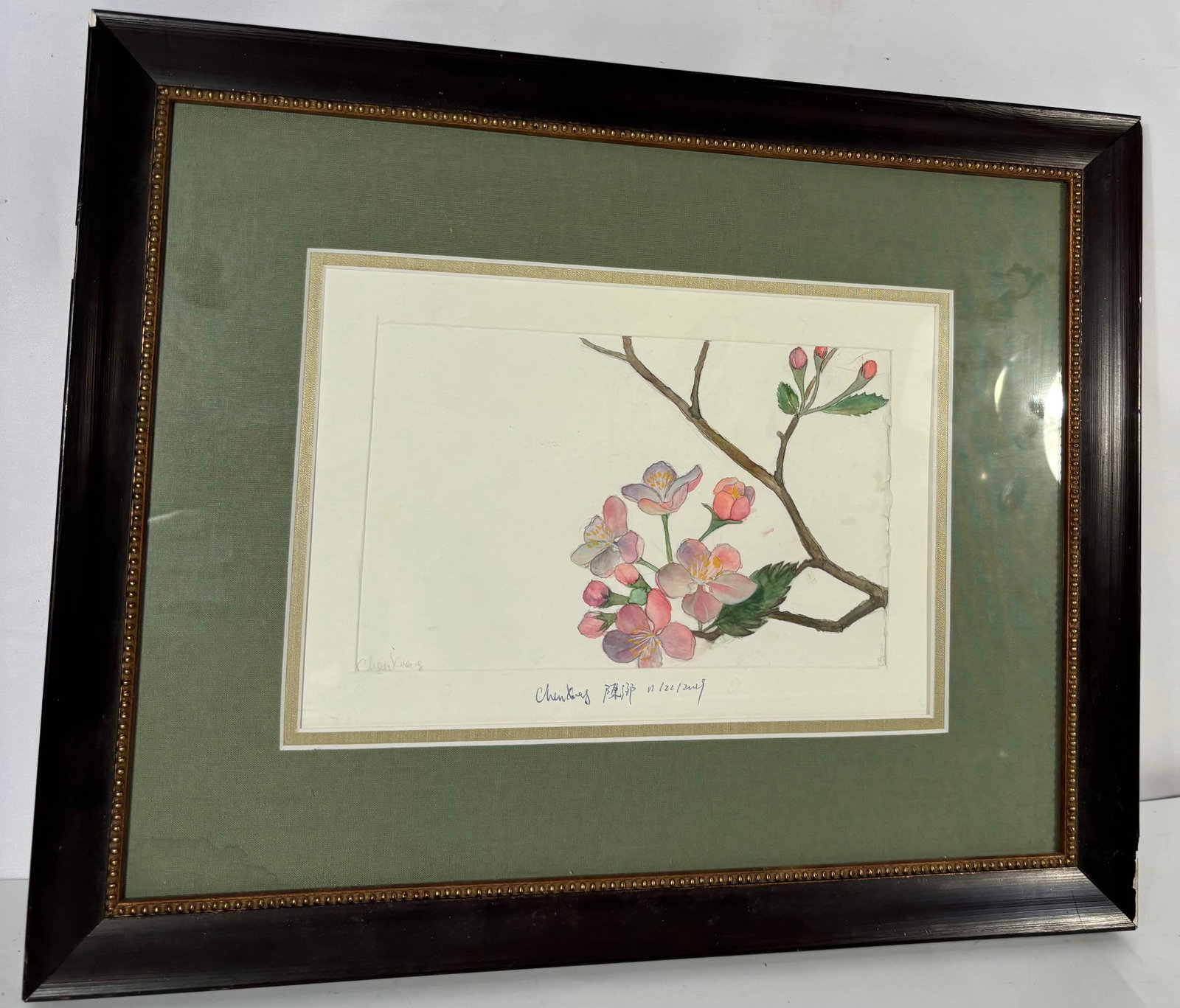 Chen Xiang Botanical Watercolor of Cherry Blossoms, Signed & Dated 2009: A delicate contemporary watercolor botanical study by Chen Xiang depicting a flowering cherry or crabapple branch with blossoms and buds in soft pink, lavender, and green tones. The composition is ele