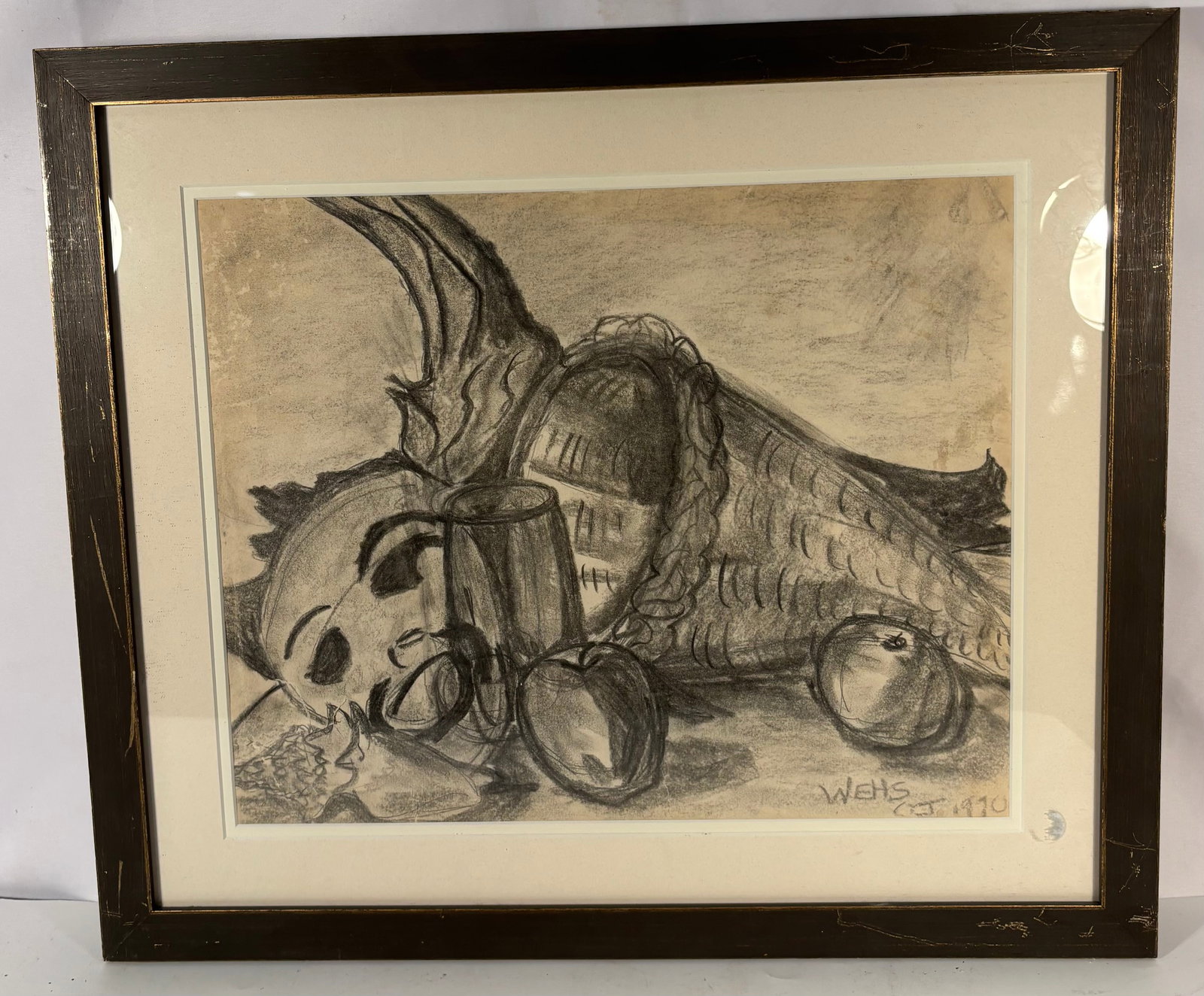 1970 Charcoal Still Life Drawing Signed: vintage charcoal still life drawing dated 1970, depicting a classical arrangement including a woven cornucopia basket, apples, a tankard, and a theatrical mask. Executed in expressive charcoal shading