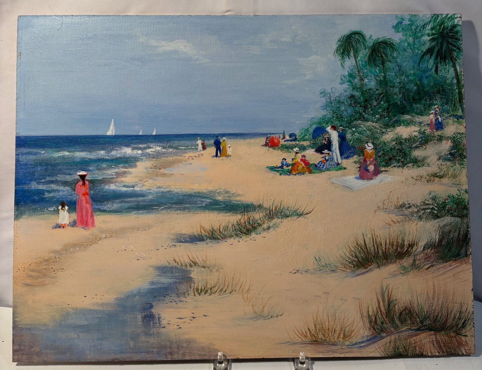 Judy O’Brien Galatha Coastal Beach Scene, Acrylic on Gessoed Masonite: Original acrylic painting on gessoed Masonite by Judy O’Brien Galatha, Charlotte, North Carolina. The work depicts an elegant impressionist coastal beach scene with strolling and seated figures amon
