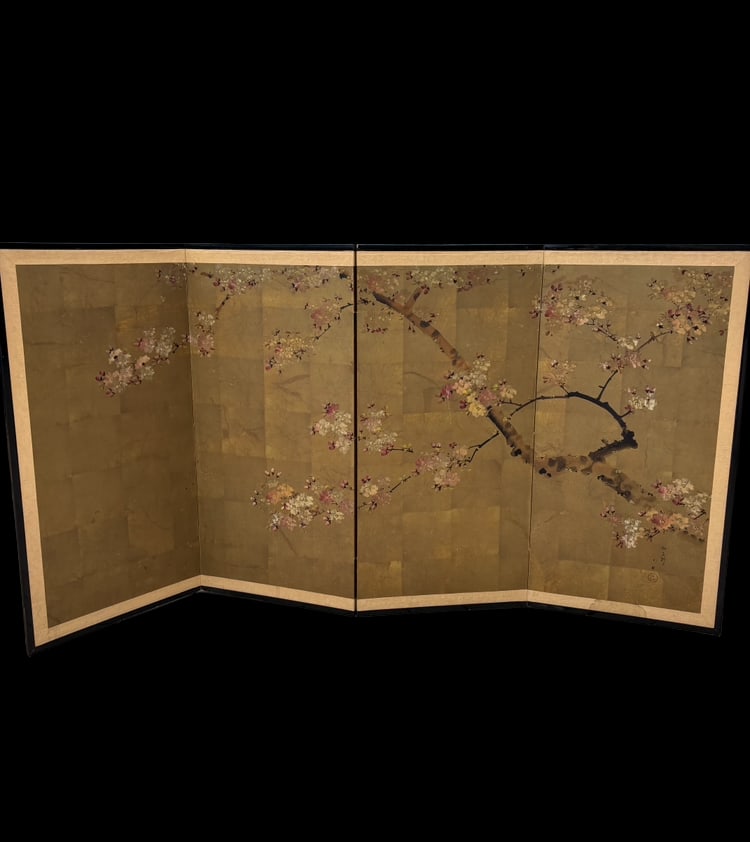 A Japanese Four-Panel By?bu Folding Screen, Cherry Blossoms on Gold Ground, Early to Mid-20th (1 of 15)