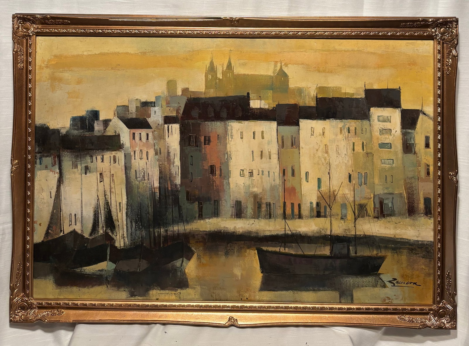 Mid-Century Oil Painting European Harbor Cityscape, Signed Zamora: A mid-20th century oil painting depicting a European harbor cityscape with tightly clustered waterfront buildings and moored boats. The composition is rendered in a modernist, semi-impressionistic sty