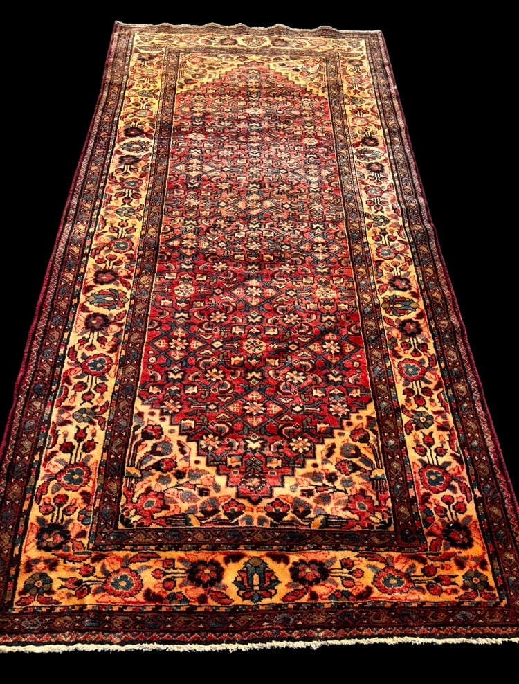 Fine Persian Style Floral Rug, Rich Red Field, 9’7?? x 4’8: Persian-style decorative runner rug featuring a richly detailed allover floral pattern set against a vibrant red field. The design is composed of dense geometric and botanical motifs, framed by multip