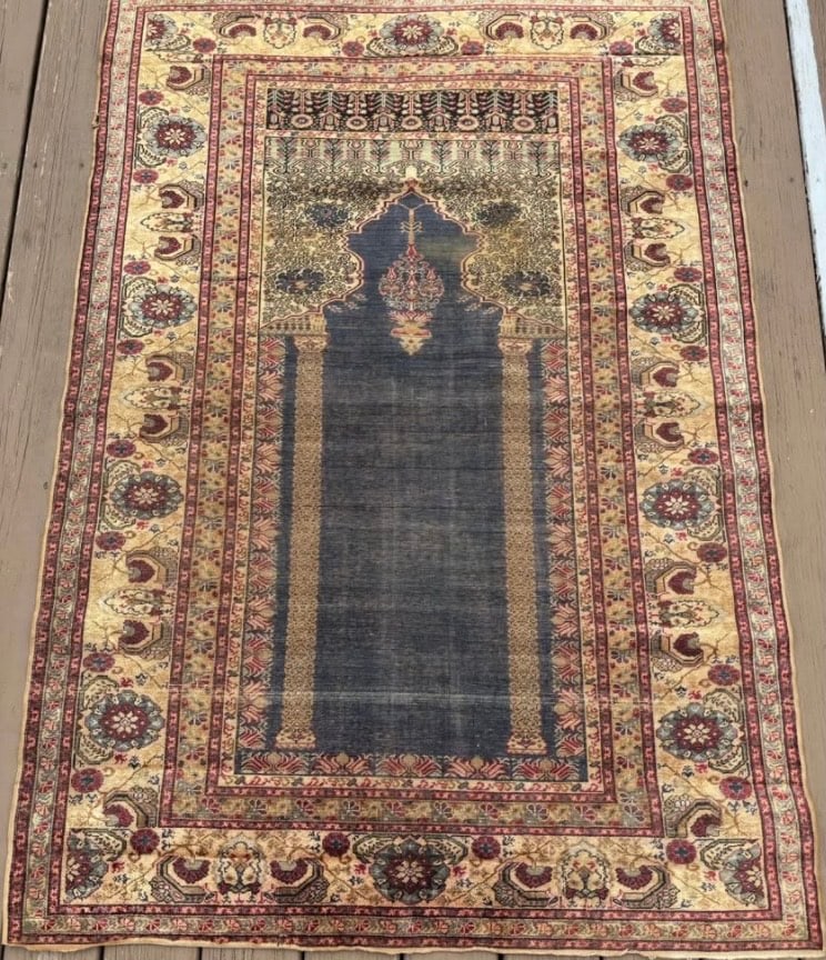 Antique Persian 100% silk prayer rug: Super fine and dense weave with clear patterning and delicate color shading.Dimensions?46.5 inches x 66.5 inches.