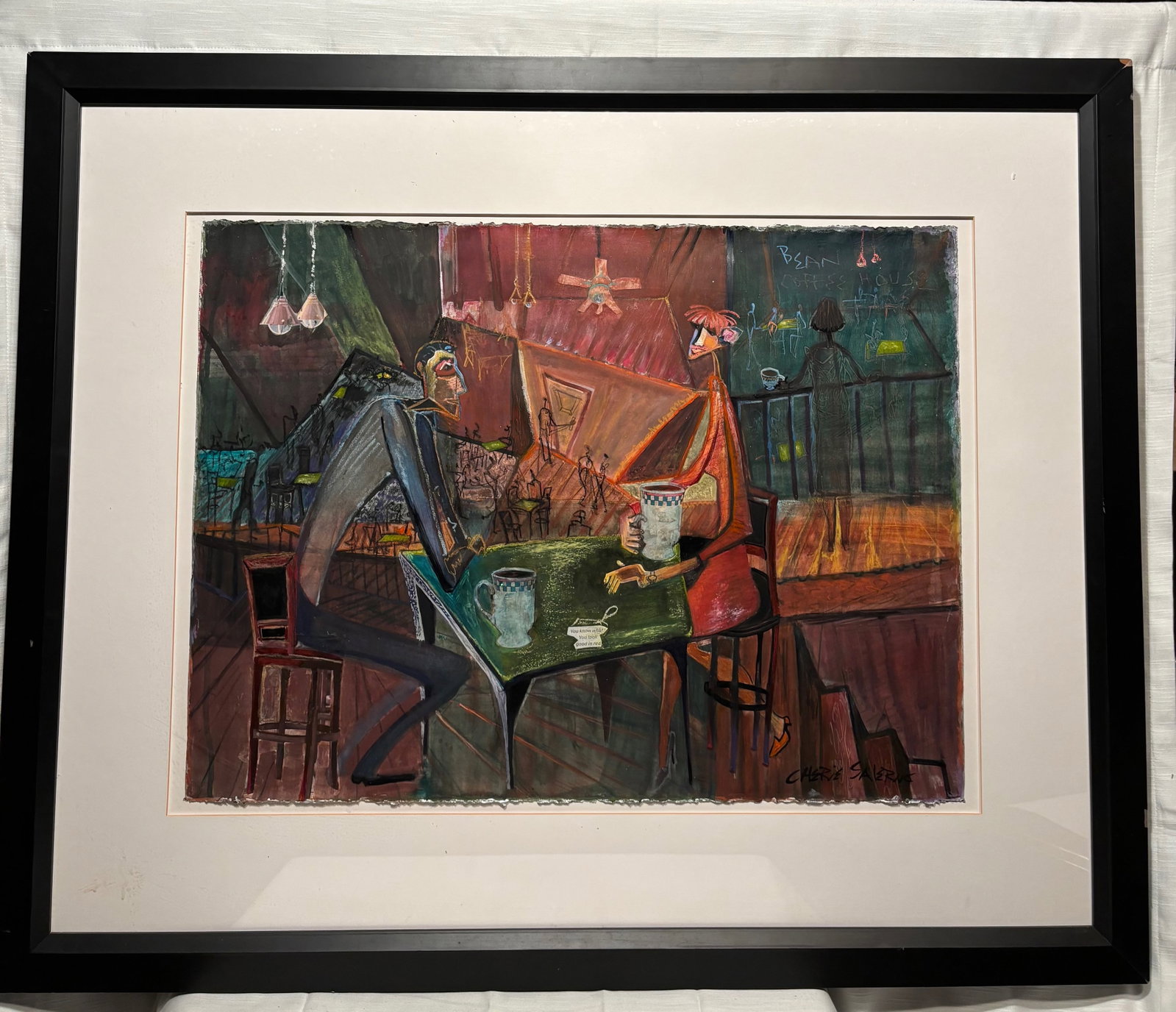 Cherie Salerno, “The Balcony,?? 2004 Mixed Media on Paper: Contemporary mixed-media work on paper by Cherie Salerno titled The Balcony, dated 2004. The composition depicts a stylized interior café or balcony scene with angular elongated figures seated in con