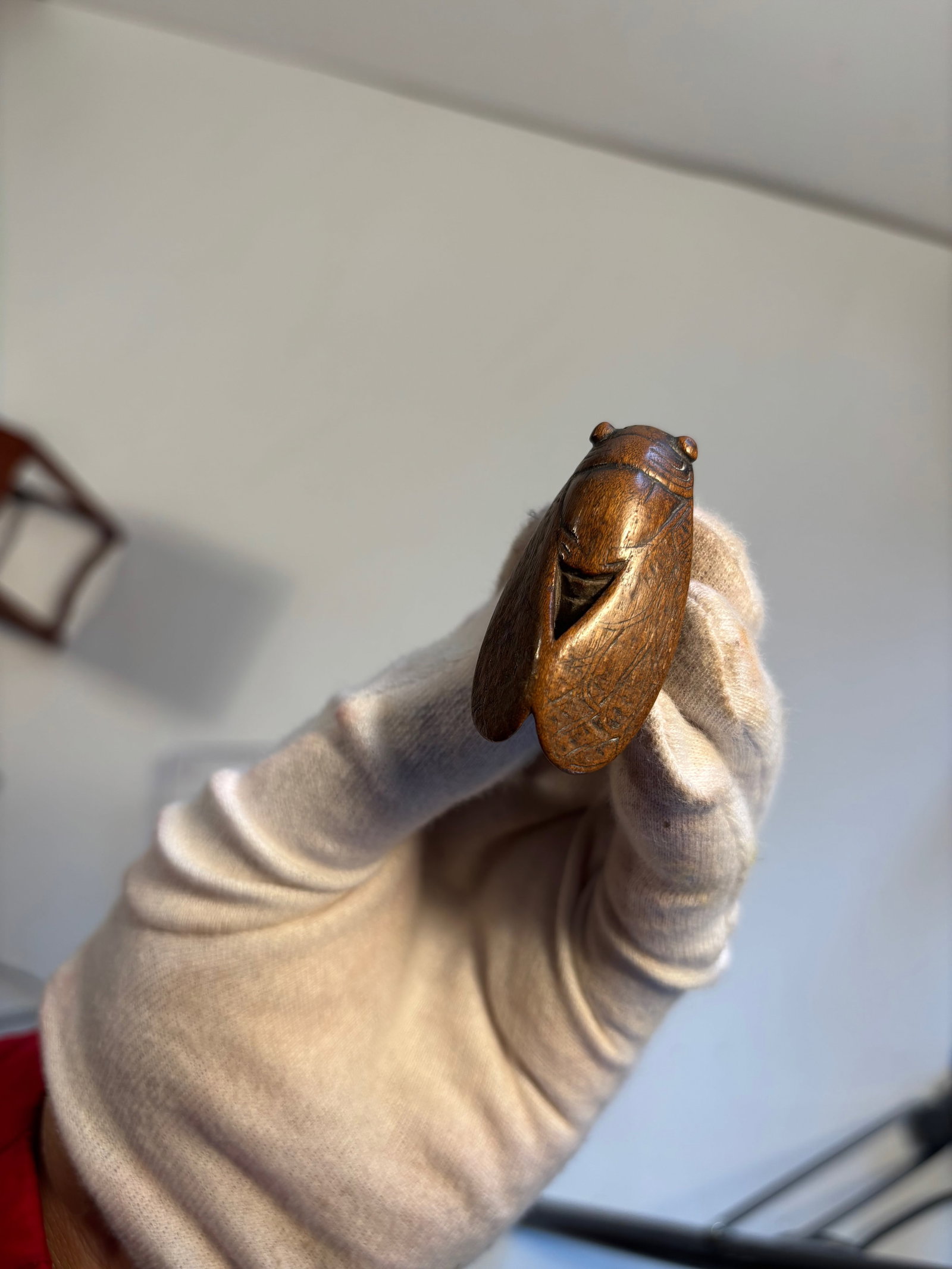 Netsuke of Cicada (boxwood): Edo (1615–1868) or Meiji period (1868–1912) ; Dimensions? H:1.5 cm; W: 2.5 cm; D: 4.5 cm.