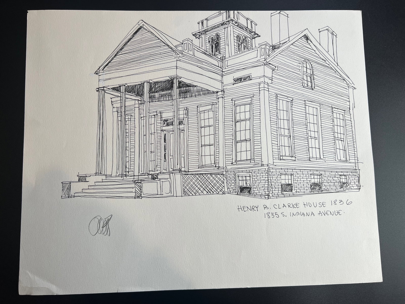 Pen-and-ink architectural Sketch “The Henry B. Clarke House - 1836 ; 1855 South Indiana Avenue in: William Orlandorf (American, 1924-1996), was a lifelong Chicago resident and world recognized artist sketched and painted Chicago and the cities of Europe for over 30 years. Bill's style is neo-impres