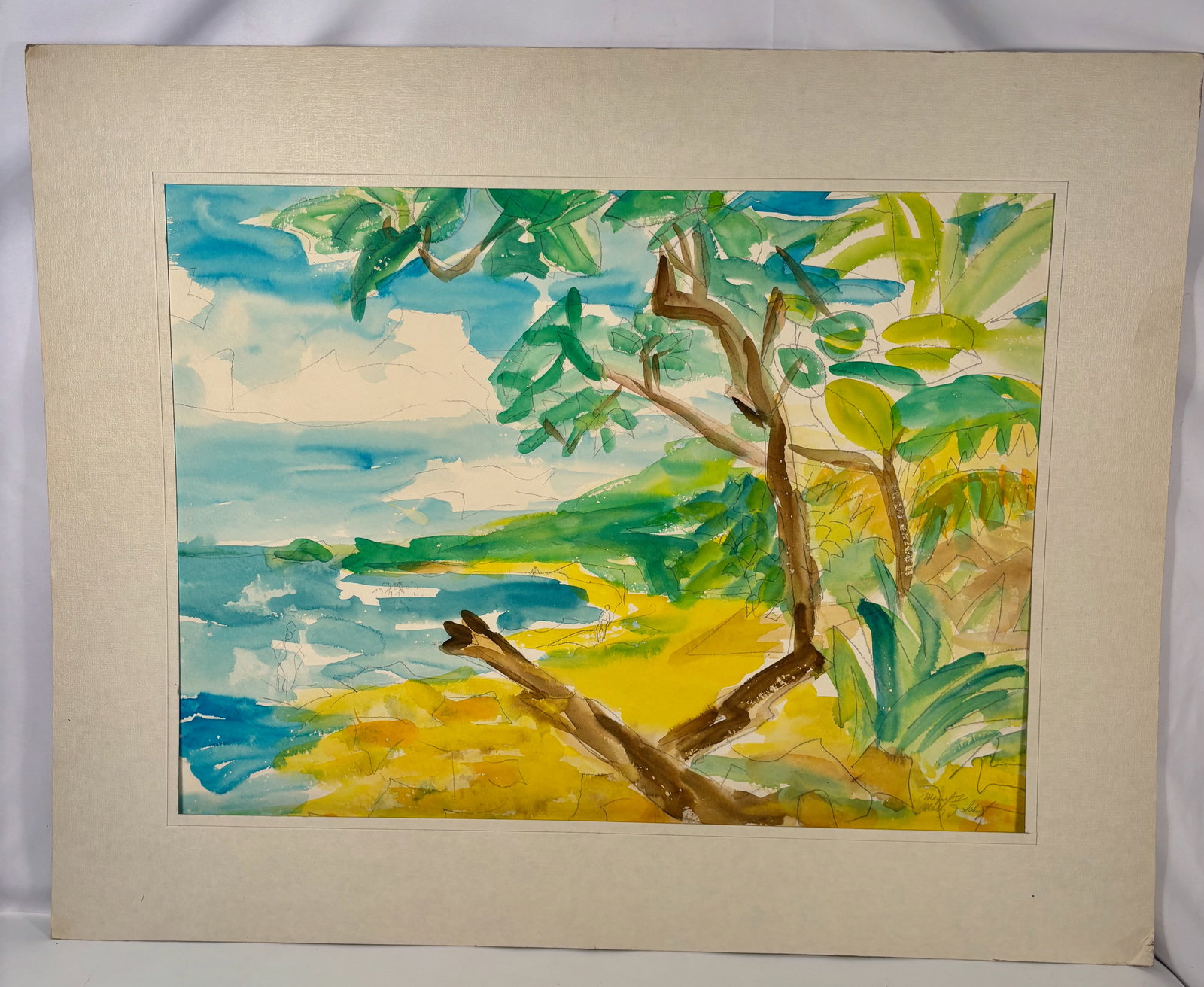Molly J. Schiff (1927–2018), Coastal Landscape with Trees (Watercolor), mid 20th century: Watercolor landscape on paper depicting a coastal scene with trees in the foreground overlooking blue water and a distant shoreline. Executed in loose, expressive brushwork with vibrant greens, yellow