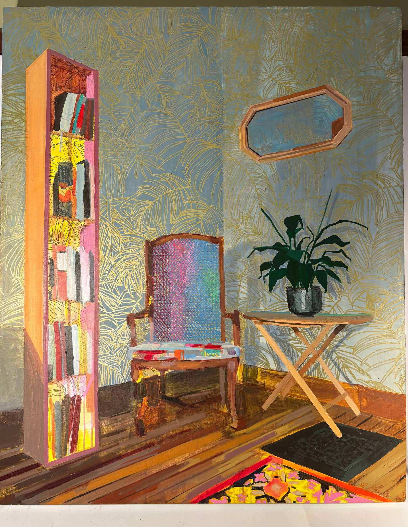 Marine Tempels Black, “A Vast Amnesia,?? Mixed Media on Canvas, 2018: Original mixed-media painting by Marine Tempels Black titled A Vast Amnesia, from the artist’s Operator’s Manual For Spaceship Earth series. The composition depicts a stylish domestic interior wit