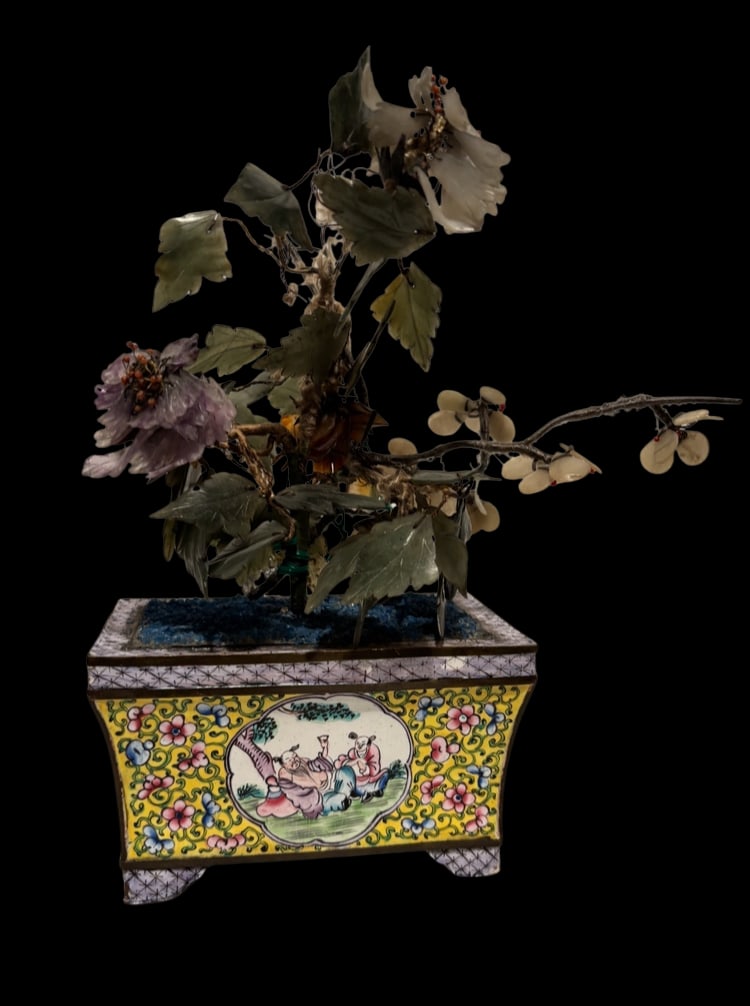 A Chinese Cloisonné Enamel Planter with Hardstone Jaade Floral Arrangement (1 of 6)