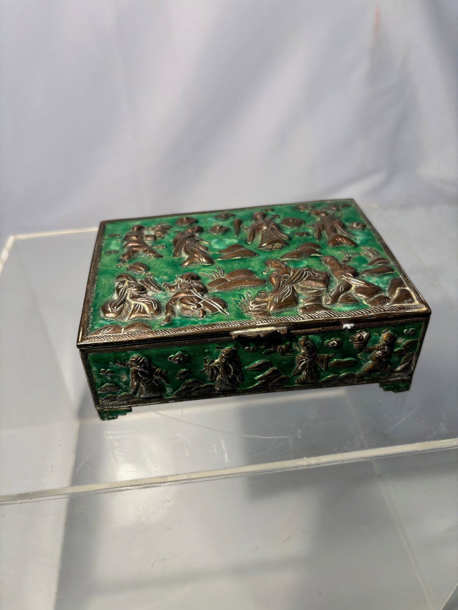 A Chinese Gilt Metal & Green Enamel Figural Relief Decorative Box (1 of 10)