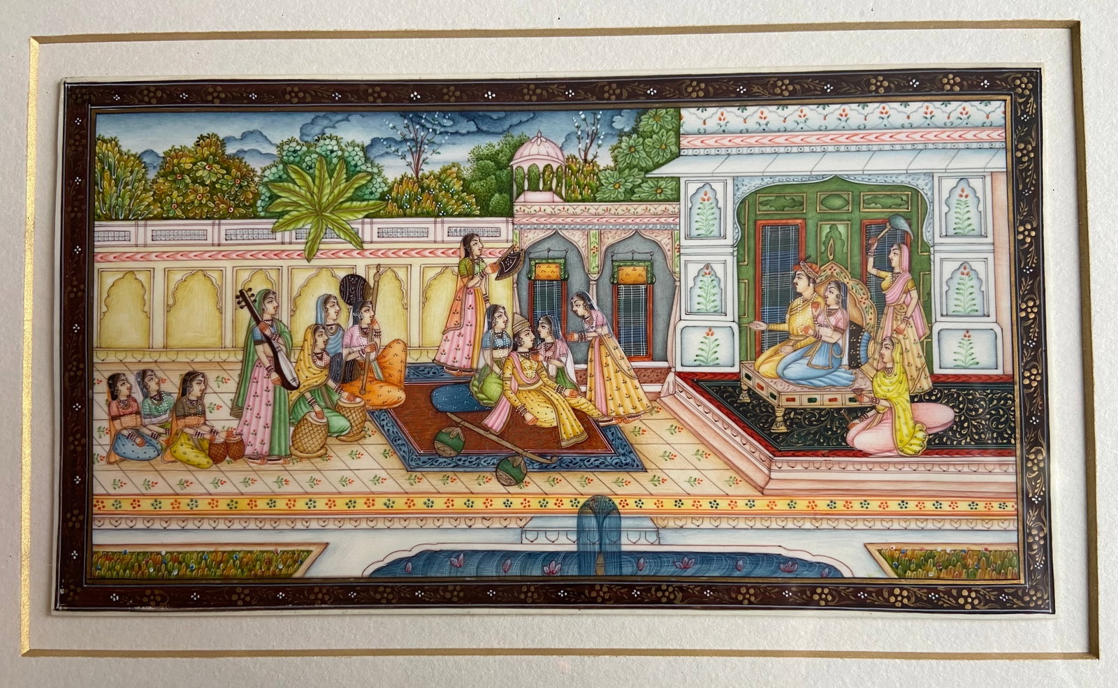 Indian Mughal Palace Interior Miniature Painting, Hand-Painted,: 19th century, Hand-painted Indian Mughal-style miniature depicting a palace interior scene with elegantly dressed ladies, attendants, and musicians engaged in courtly activities. Executed in opaque wa