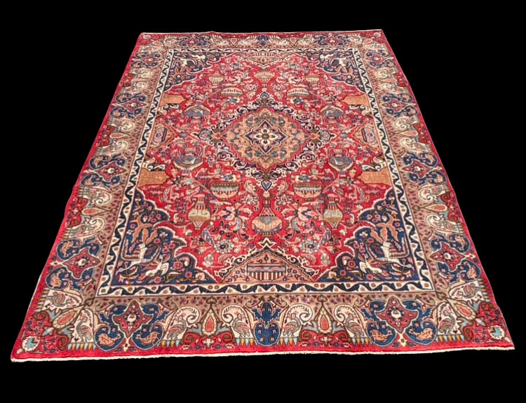 Large vintage Hand-Knotted Persian Tabriz Style Rug, Red Field with Vase Motifs, Approx. 12’10: Large hand-knotted Persian Tabriz-style carpet featuring a richly detailed red field with central medallion and an elaborate allover design of stylized vases, palmettes, and floral motifs. The composi