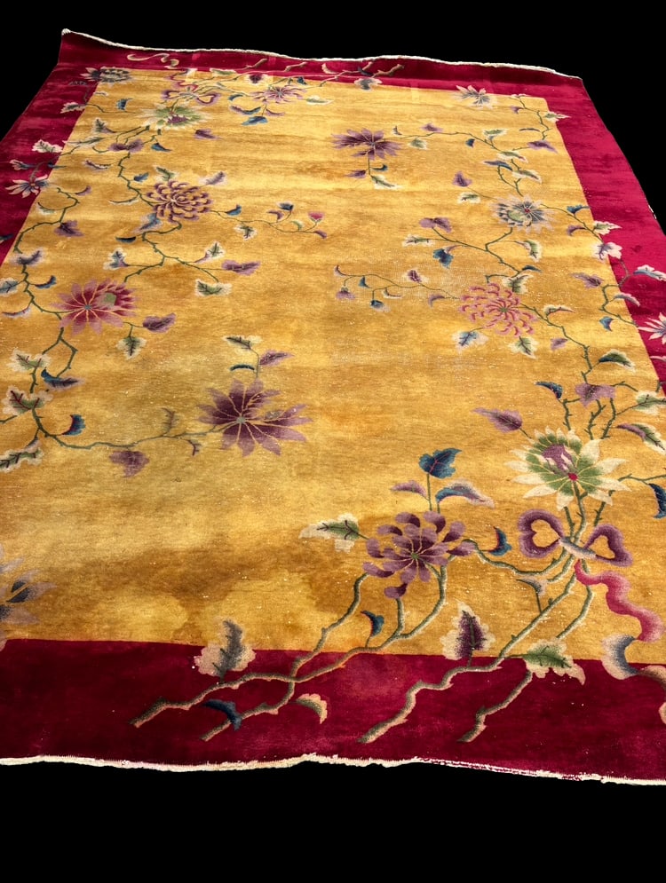 Antique Chinese Art Deco Style hand-knotted Rug, Golden Field with Floral Sprays, Burgundy Border, (1 of 8)